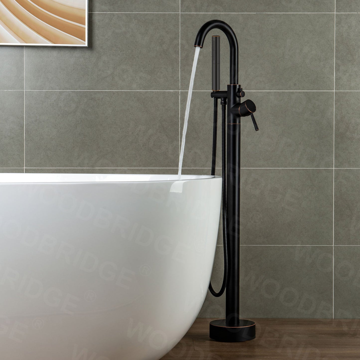 WOODBRIDGE F0001BNDR Contemporary Single Handle Floor Mount Freestanding Tub Filler Faucet with Hand shower
