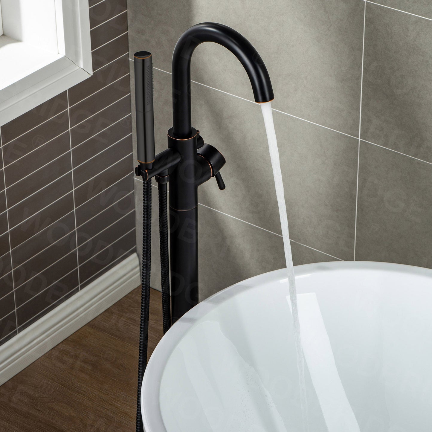 WOODBRIDGE F0001BNDR Contemporary Single Handle Floor Mount Freestanding Tub Filler Faucet with Hand shower