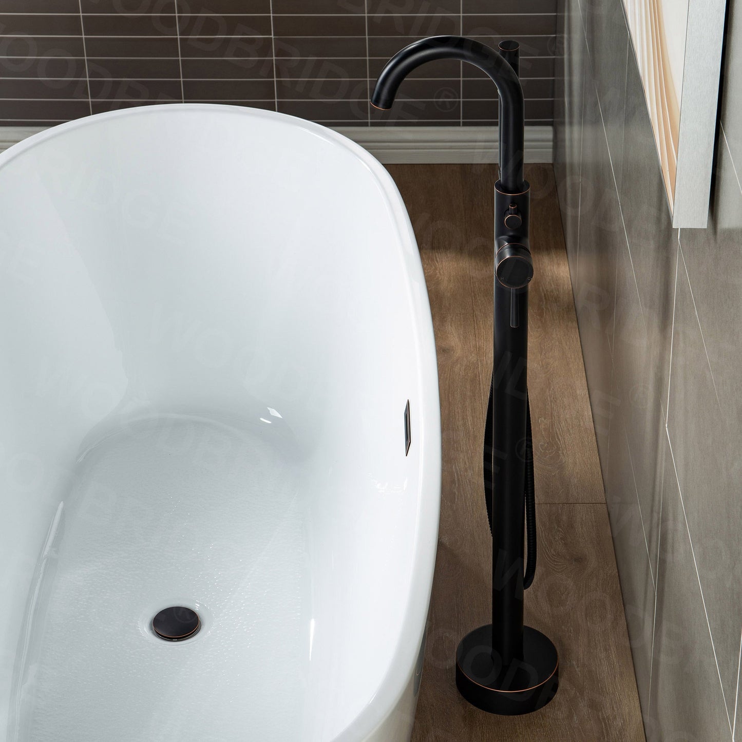 WOODBRIDGE F0001BNDR Contemporary Single Handle Floor Mount Freestanding Tub Filler Faucet with Hand shower