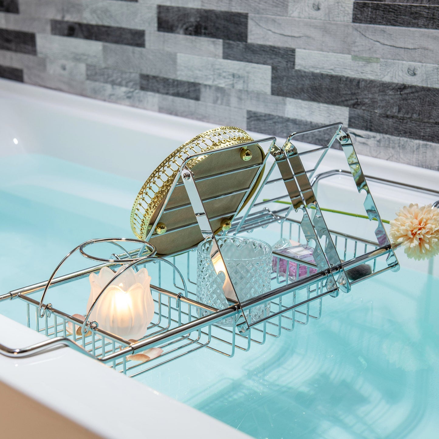 WOODBRIDGE Stainless Steel Extendable Bathtub Caddy Tray in Polished Chrome Finish with Removable Wine Holder, Book and Phone Rack, Bathcad-CH