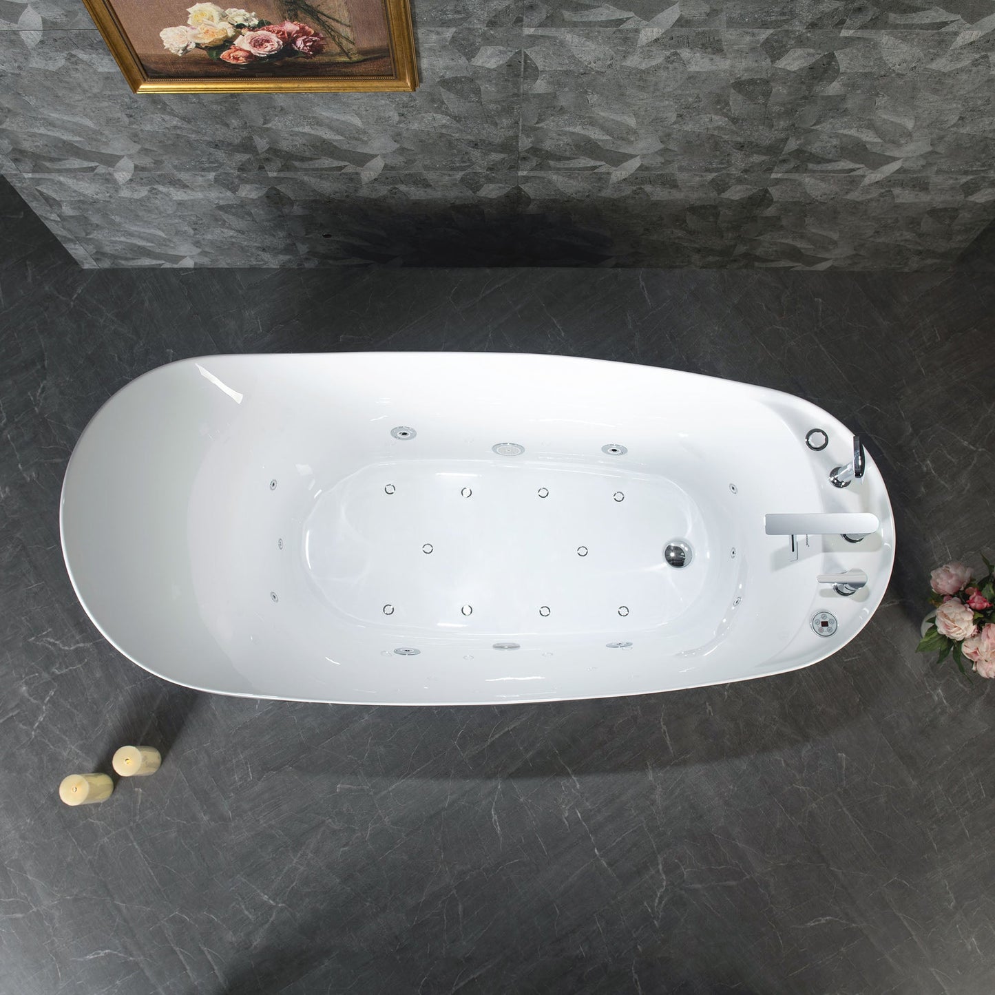 WOODBRIDGE 71" x 31-1/2" Whirlpool and Air Bath Heated Soaking Combination Tub with Adjustable Speed Air Blower, Tub Filler and Display Control Panel, White