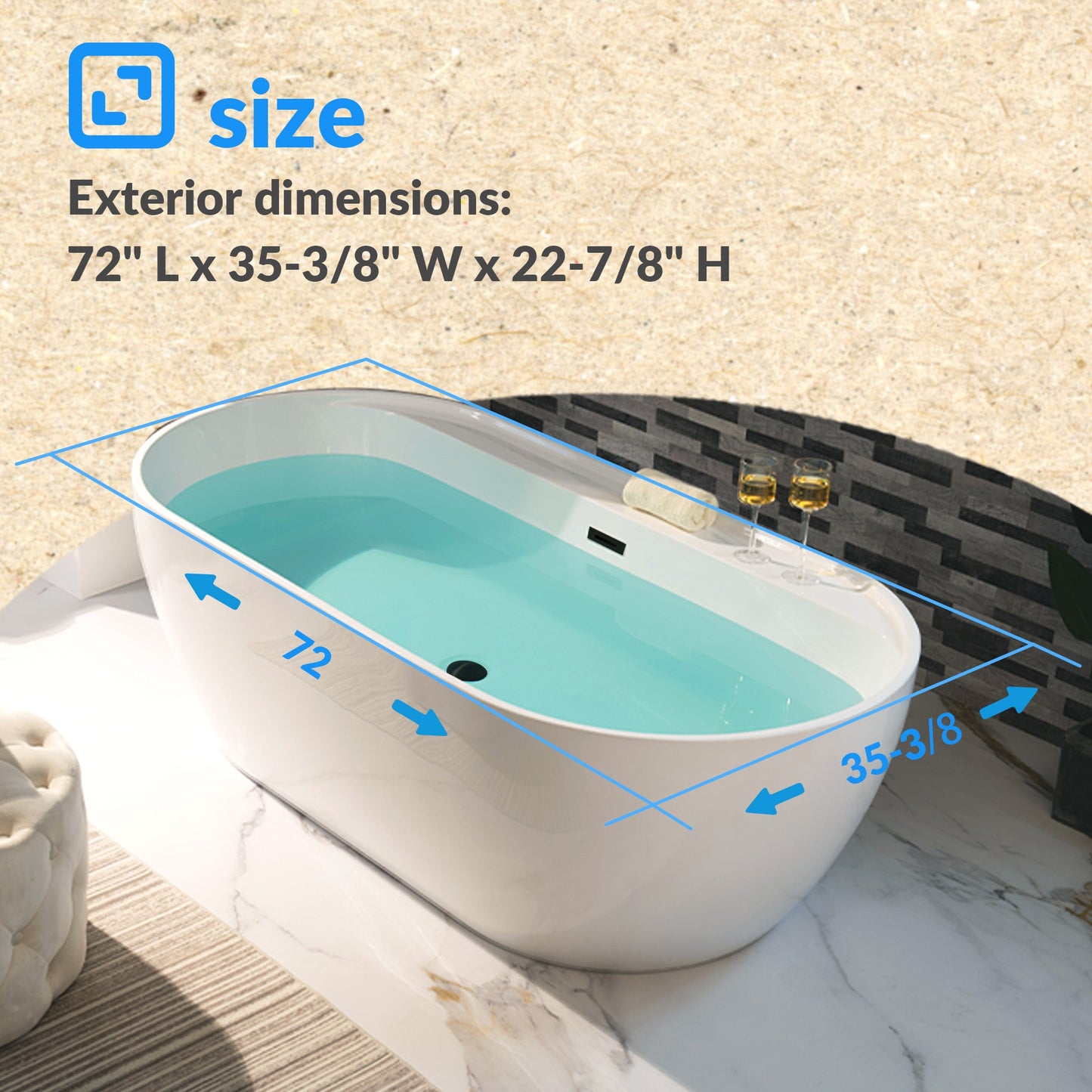 WOODBRIDGE 72" Acrylic Freestanding Bathtub Contemporary Soaking White Tub