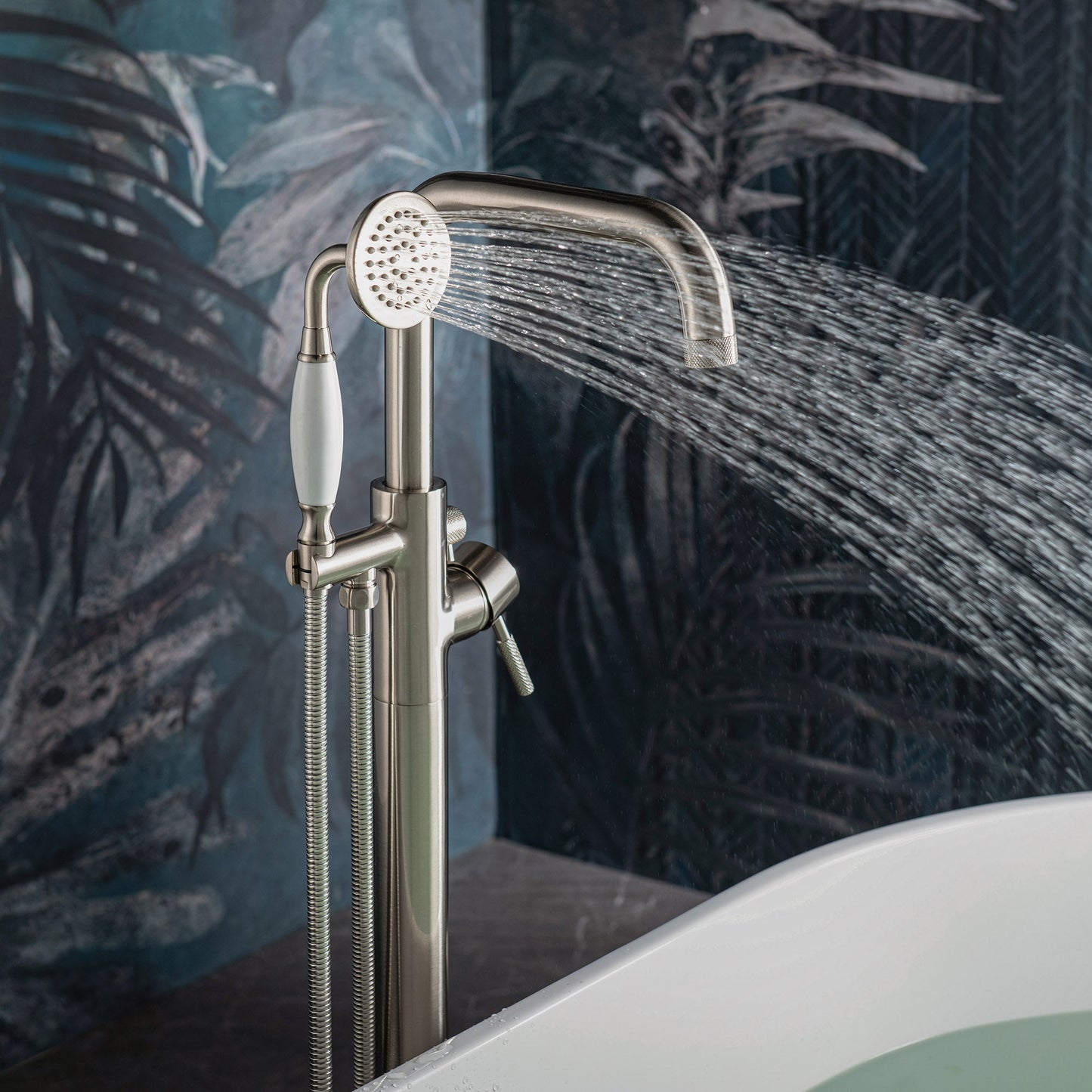 WOODBRIDGE F0070BNVT Fusion Single Handle Floor Mount Freestanding Tub Filler Faucet with Classic Telephone Style Hand Shower