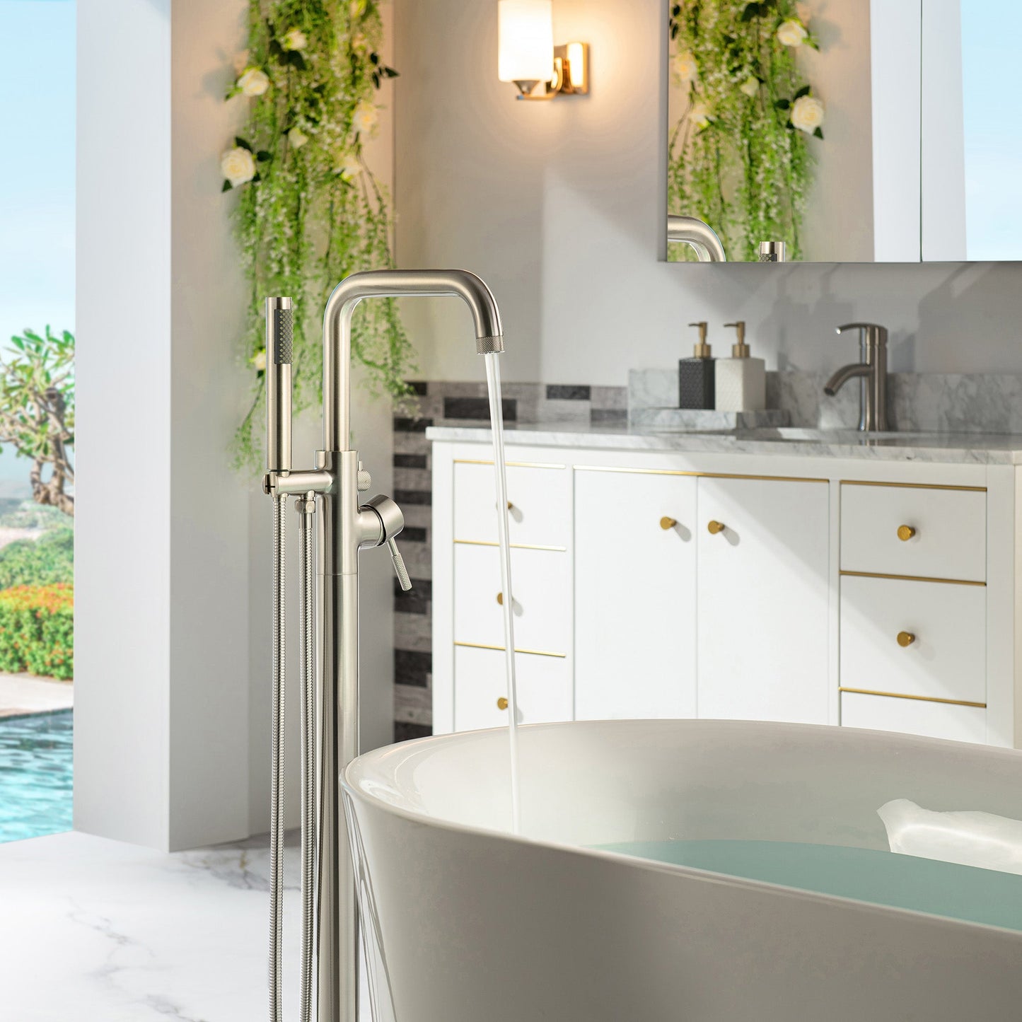 WOODBRIDGE F0070BNRD Contemporary Single Handle Floor Mount Freestanding Tub Filler Faucet with Cylinder Style Hand Shower