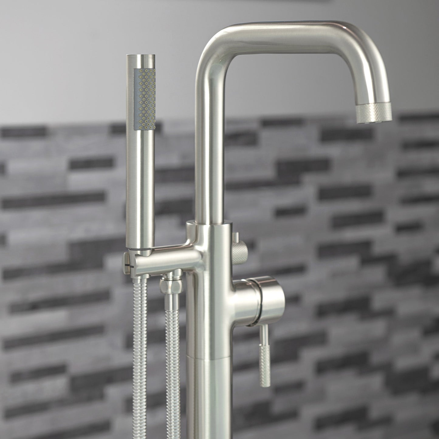 WOODBRIDGE F0070BNRD Contemporary Single Handle Floor Mount Freestanding Tub Filler Faucet with Cylinder Style Hand Shower
