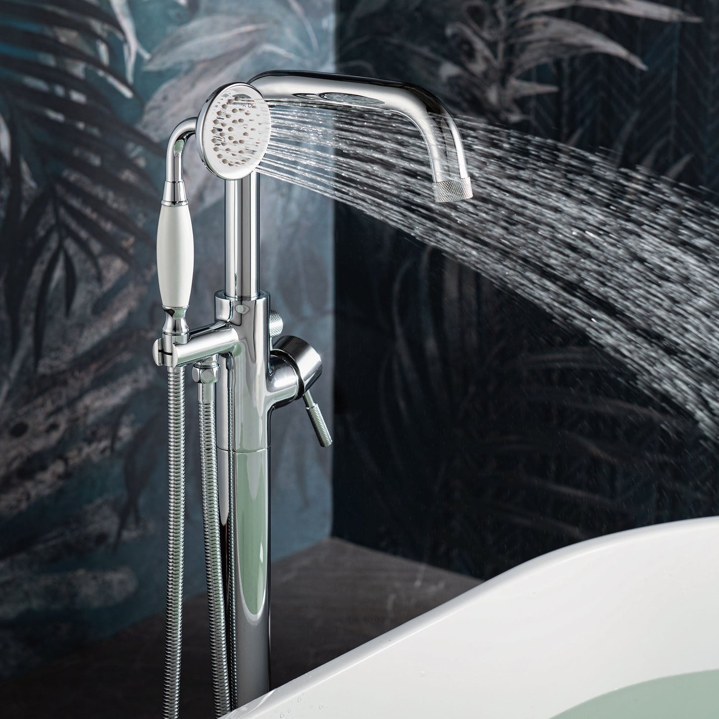 WOODBRIDGE F0070BNVT Fusion Single Handle Floor Mount Freestanding Tub Filler Faucet with Classic Telephone Style Hand Shower