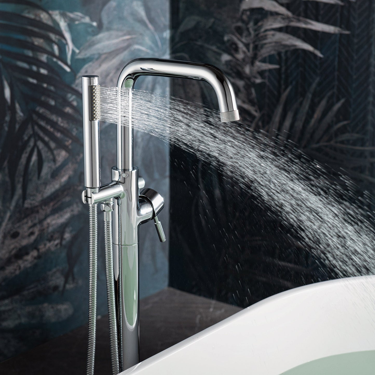 WOODBRIDGE F0070BNRD Contemporary Single Handle Floor Mount Freestanding Tub Filler Faucet with Cylinder Style Hand Shower