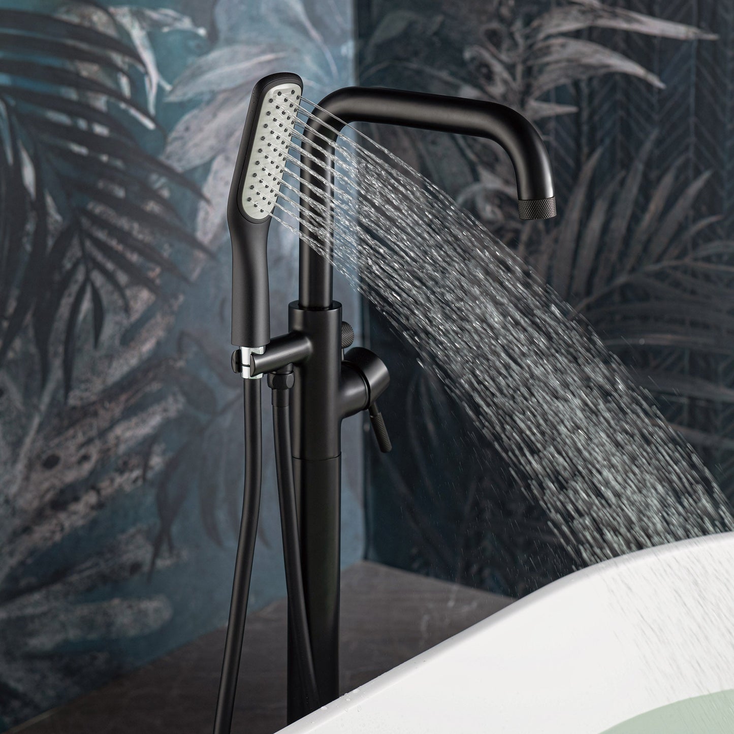 WOODBRIDGE F0070BNSQ Fusion Single Handle Floor Mount Freestanding Tub Filler Faucet with Square Shape Hand Shower