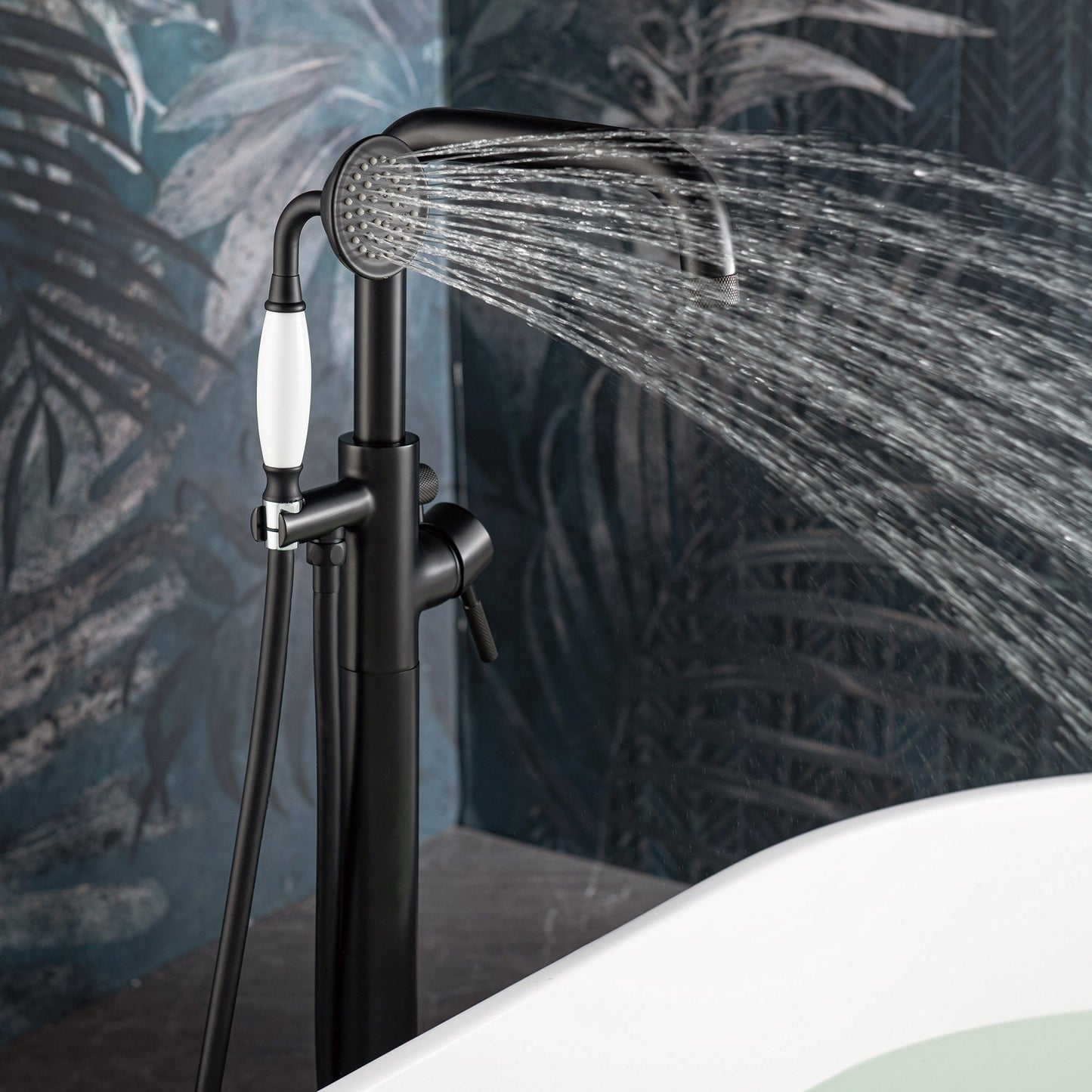 WOODBRIDGE F0070BNVT Fusion Single Handle Floor Mount Freestanding Tub Filler Faucet with Classic Telephone Style Hand Shower