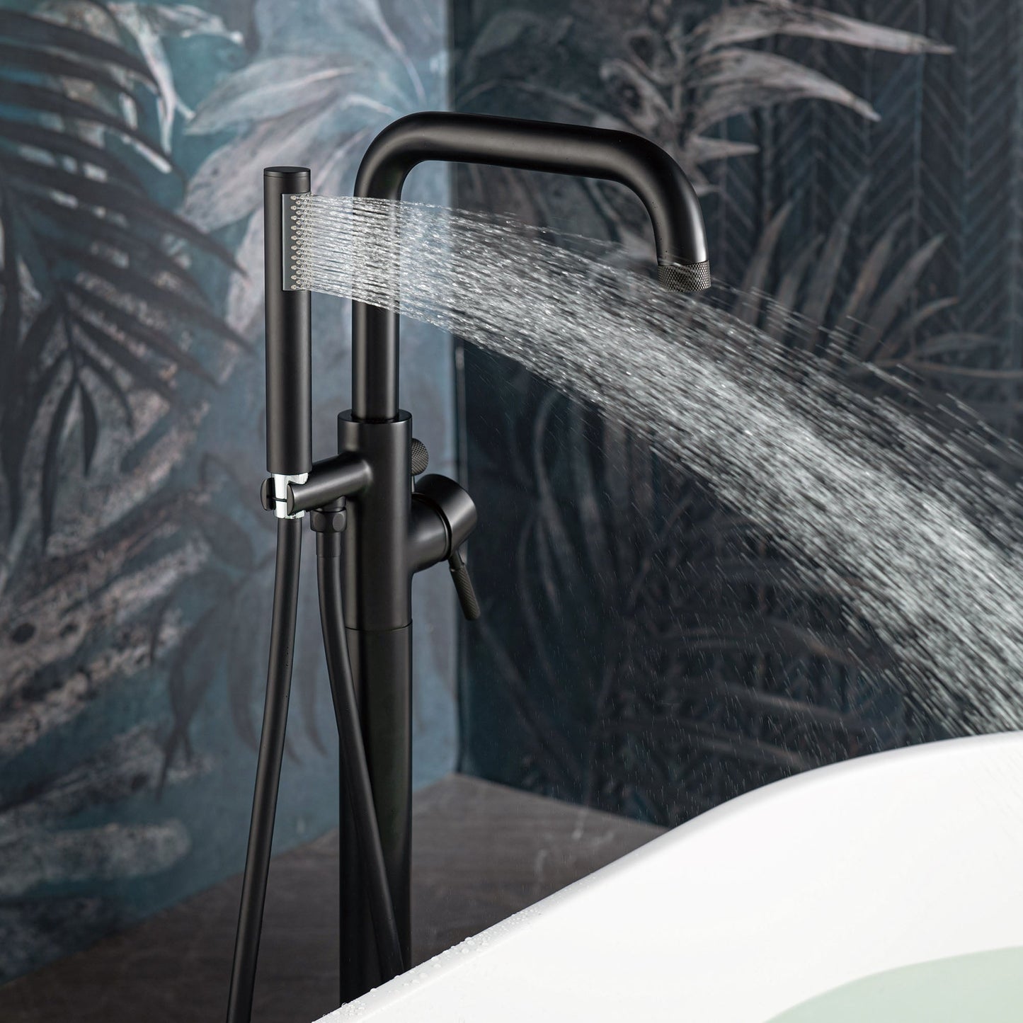 WOODBRIDGE F0070BNRD Contemporary Single Handle Floor Mount Freestanding Tub Filler Faucet with Cylinder Style Hand Shower