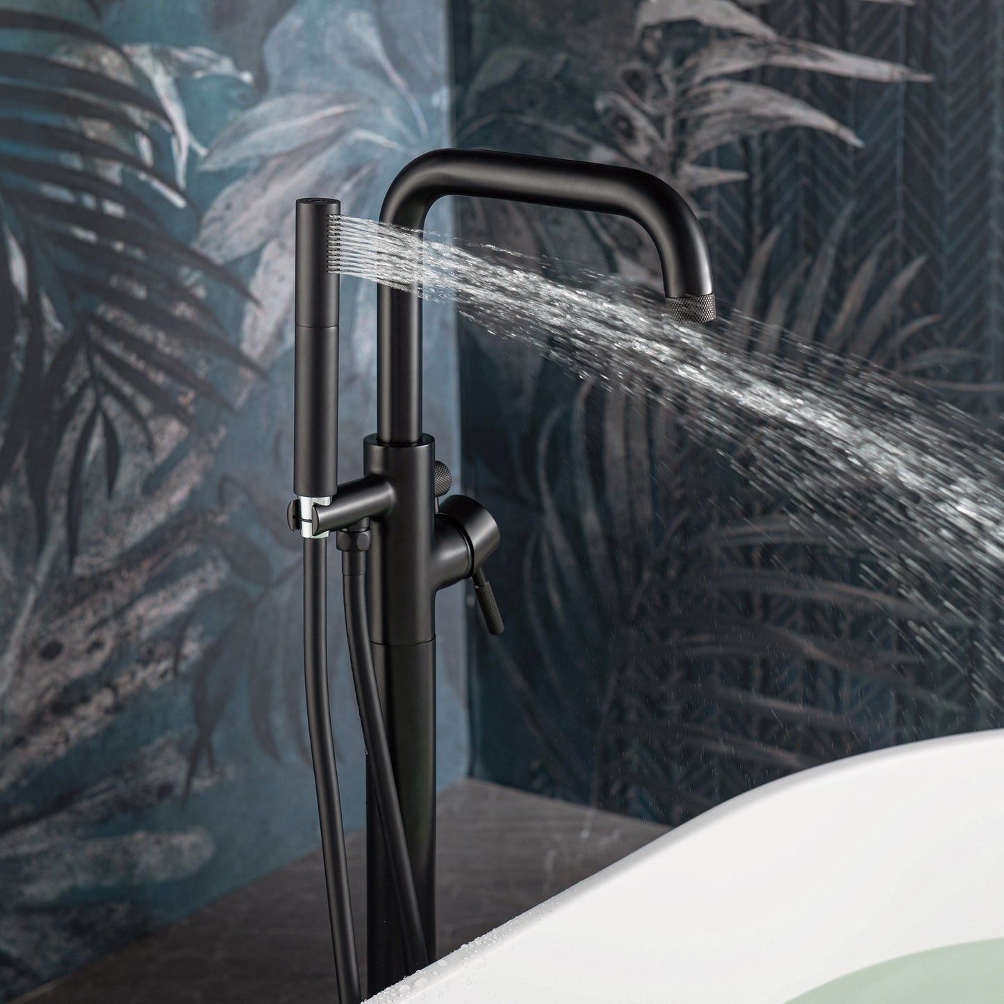 WOODBRIDGE F0070BNDR Contemporary Single Handle Floor Mount Freestanding Tub Filler Faucet with 2 Function Cylinder Style Hand Shower