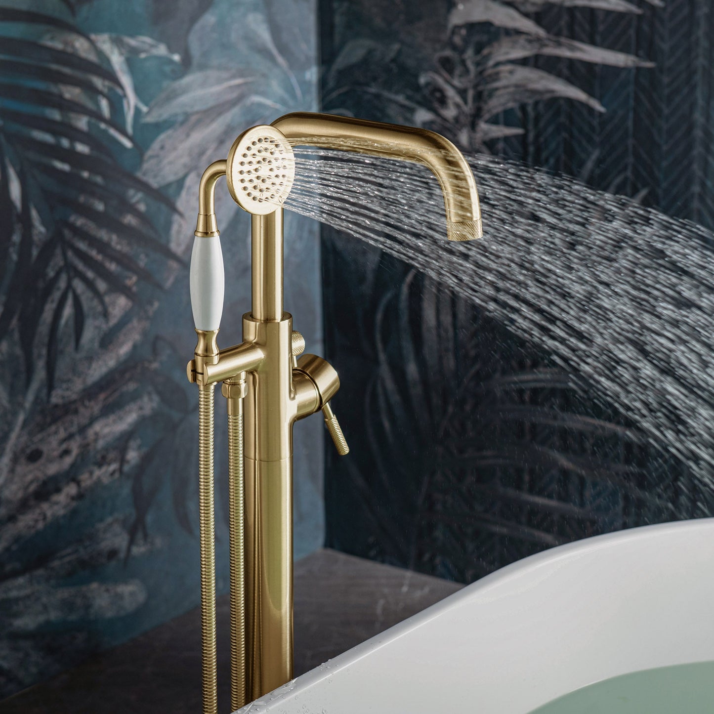 WOODBRIDGE F0070BNVT Fusion Single Handle Floor Mount Freestanding Tub Filler Faucet with Classic Telephone Style Hand Shower