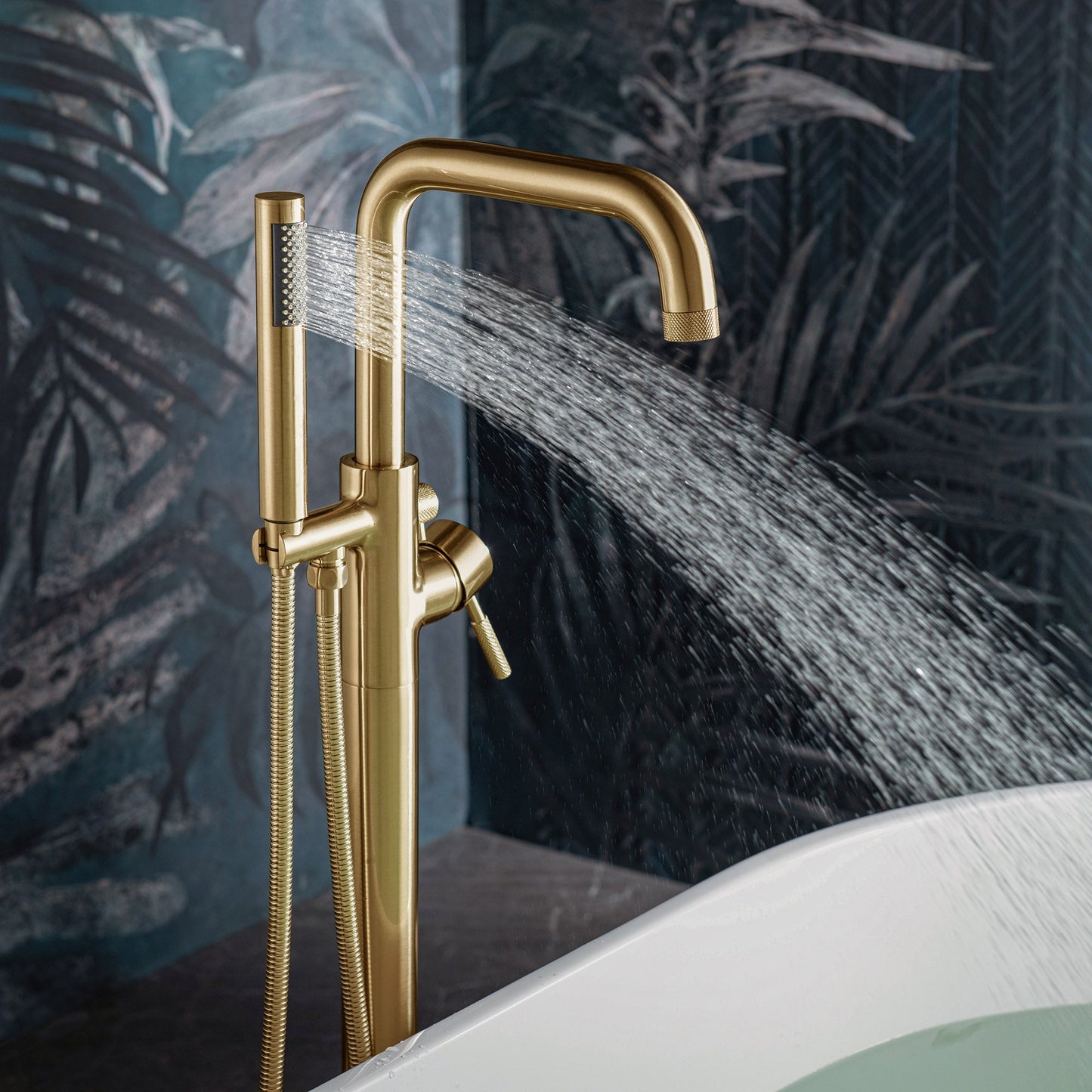 WOODBRIDGE F0070BNRD Contemporary Single Handle Floor Mount Freestanding Tub Filler Faucet with Cylinder Style Hand Shower