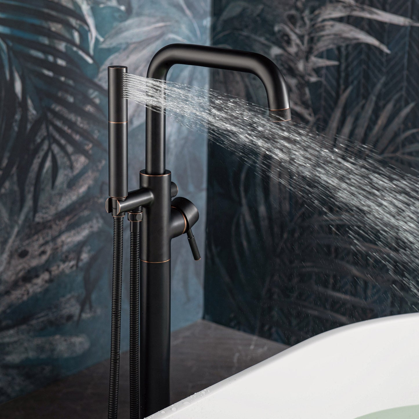WOODBRIDGE F0070BNDR Contemporary Single Handle Floor Mount Freestanding Tub Filler Faucet with 2 Function Cylinder Style Hand Shower