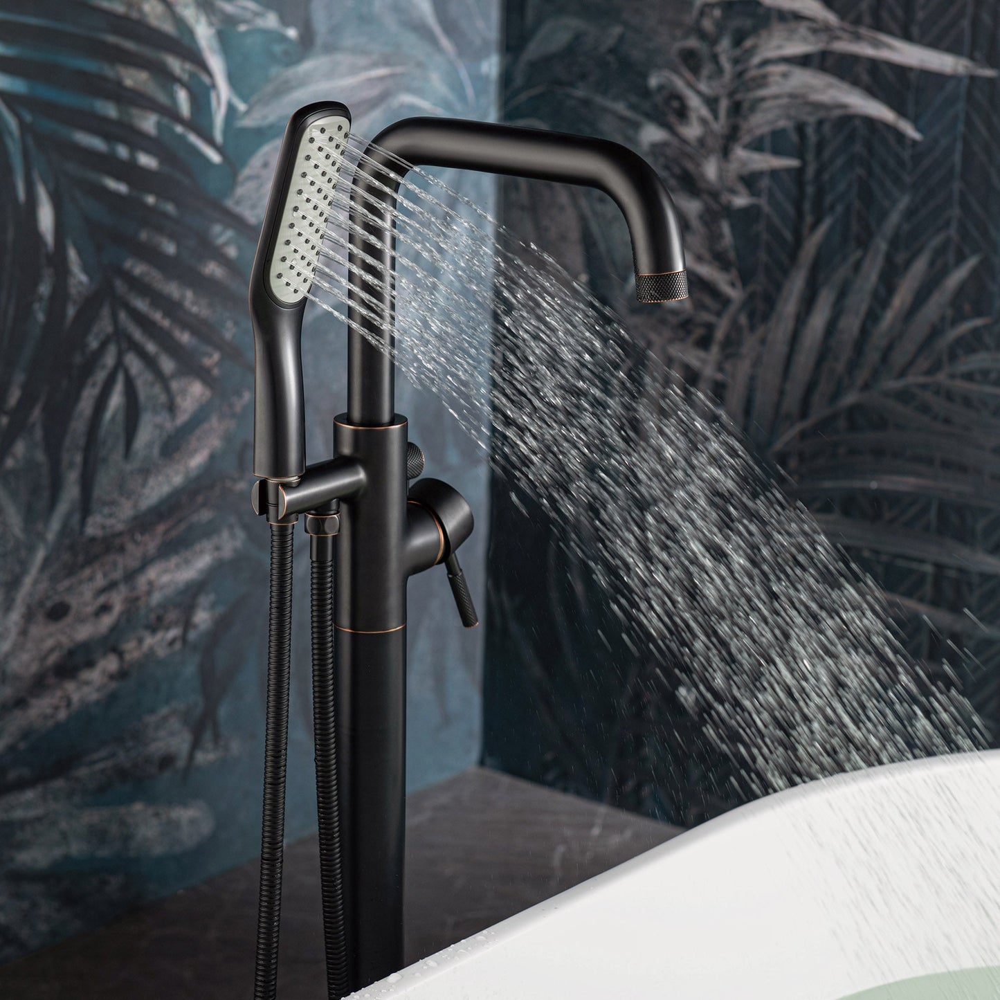 WOODBRIDGE F0070BNSQ Fusion Single Handle Floor Mount Freestanding Tub Filler Faucet with Square Shape Hand Shower