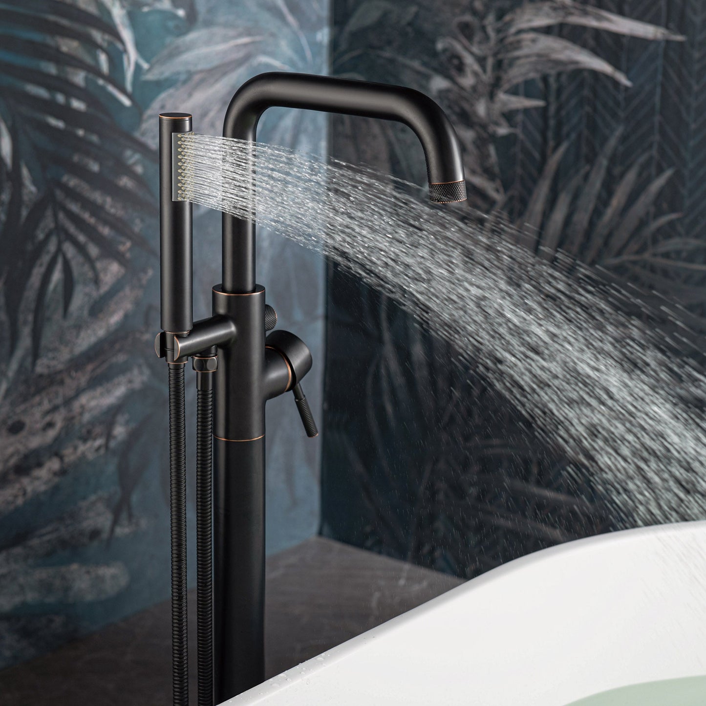 WOODBRIDGE F0070BNRD Contemporary Single Handle Floor Mount Freestanding Tub Filler Faucet with Cylinder Style Hand Shower