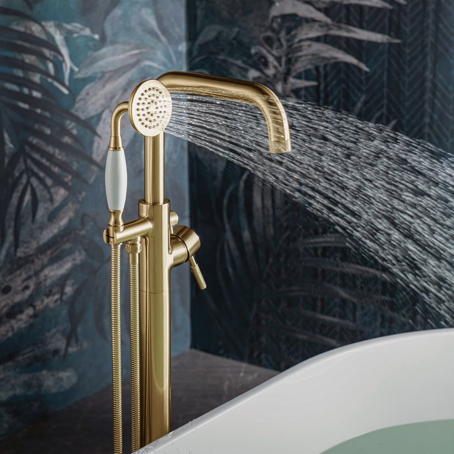 WOODBRIDGE F0070BNVT Fusion Single Handle Floor Mount Freestanding Tub Filler Faucet with Classic Telephone Style Hand Shower