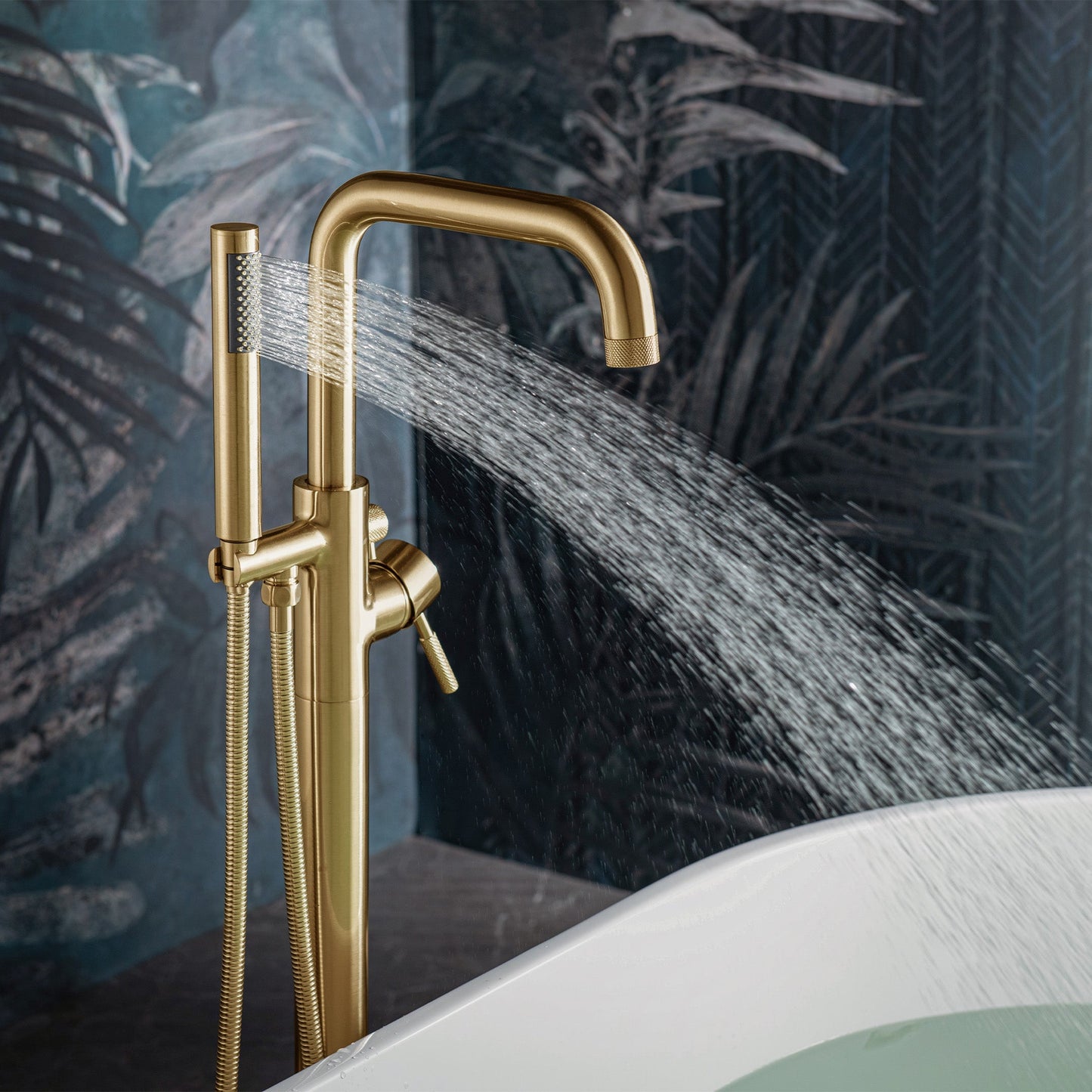 WOODBRIDGE F0070BNRD Contemporary Single Handle Floor Mount Freestanding Tub Filler Faucet with Cylinder Style Hand Shower