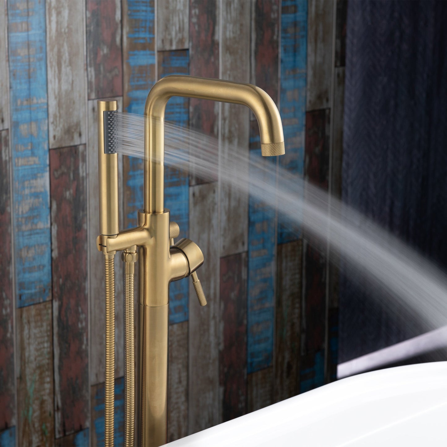 WOODBRIDGE F0070BNRD Contemporary Single Handle Floor Mount Freestanding Tub Filler Faucet with Cylinder Style Hand Shower