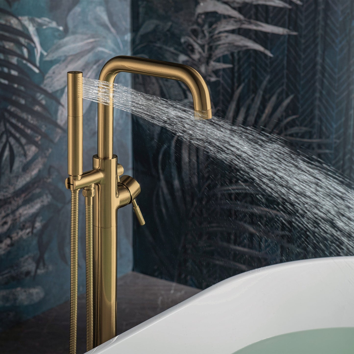 WOODBRIDGE F0070BNDR Contemporary Single Handle Floor Mount Freestanding Tub Filler Faucet with 2 Function Cylinder Style Hand Shower