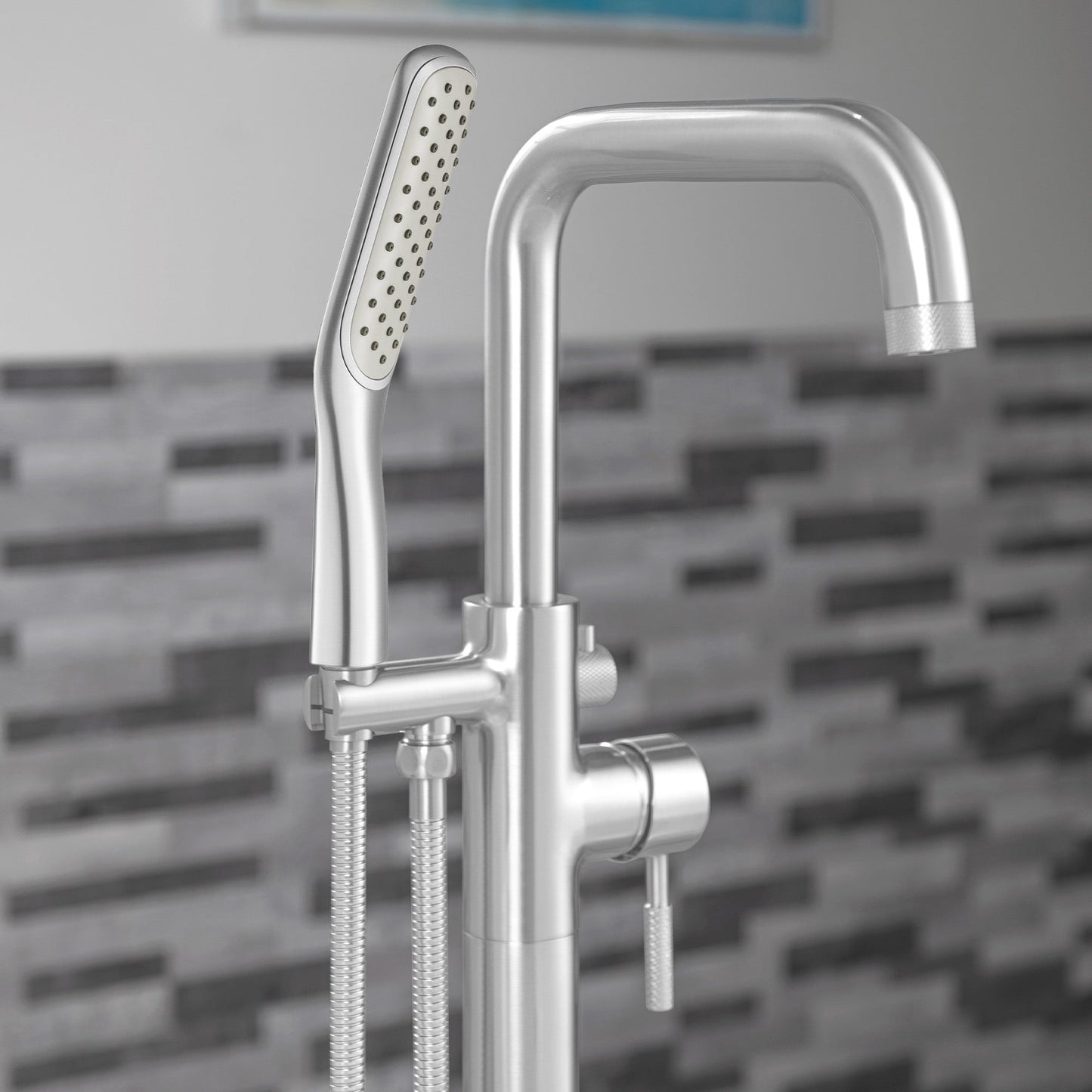 WOODBRIDGE F0070BNSQ Fusion Single Handle Floor Mount Freestanding Tub Filler Faucet with Square Shape Hand Shower