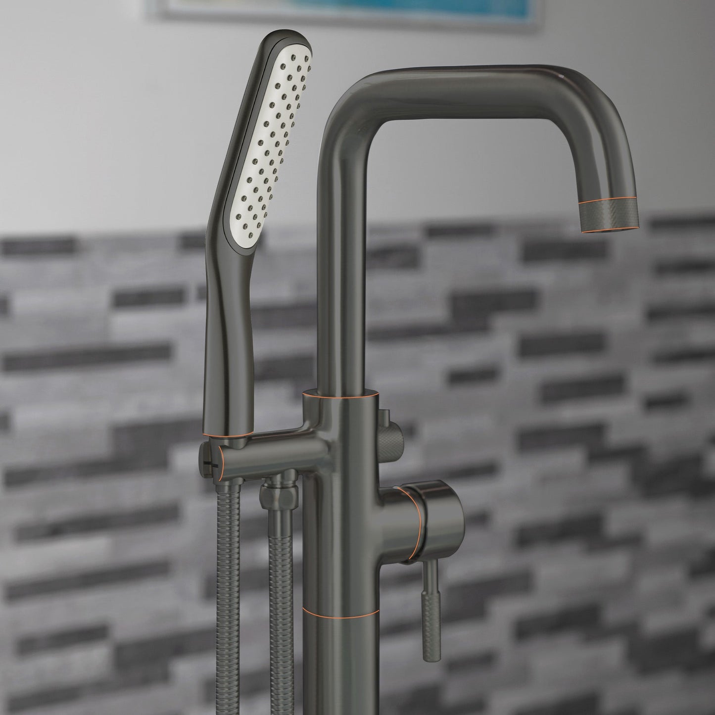 WOODBRIDGE F0070BNSQ Fusion Single Handle Floor Mount Freestanding Tub Filler Faucet with Square Shape Hand Shower