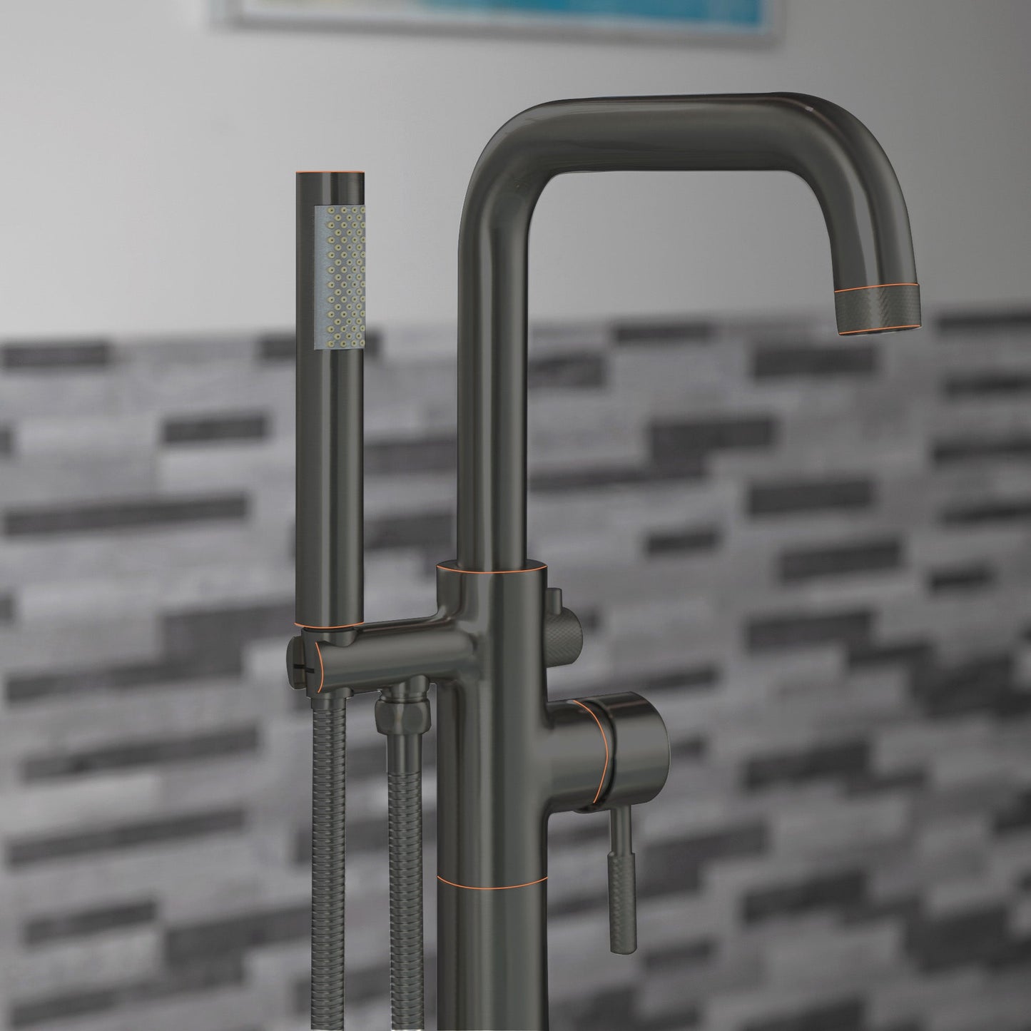 WOODBRIDGE F0070BNRD Contemporary Single Handle Floor Mount Freestanding Tub Filler Faucet with Cylinder Style Hand Shower