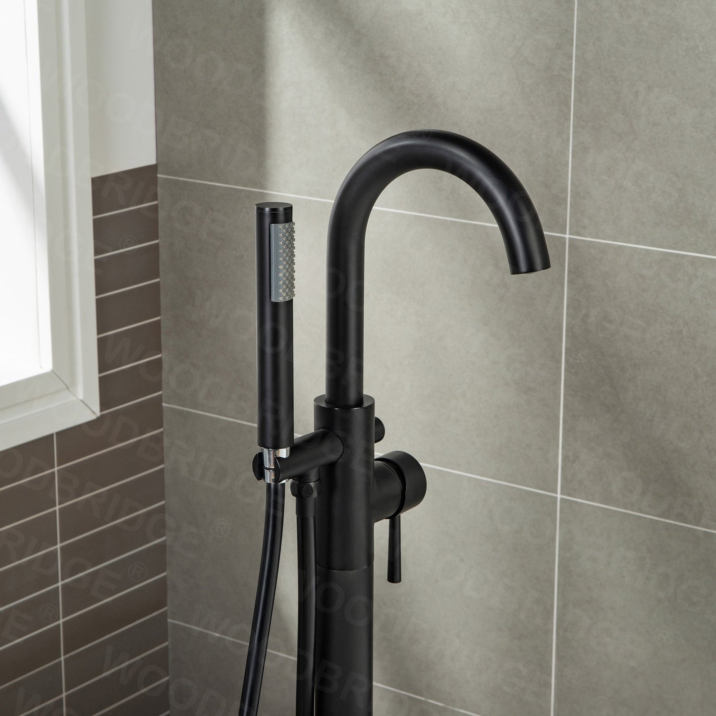 WOODBRIDGE F0001BNRD Contemporary Single Handle Floor Mount Freestanding Tub Filler Faucet with Hand shower
