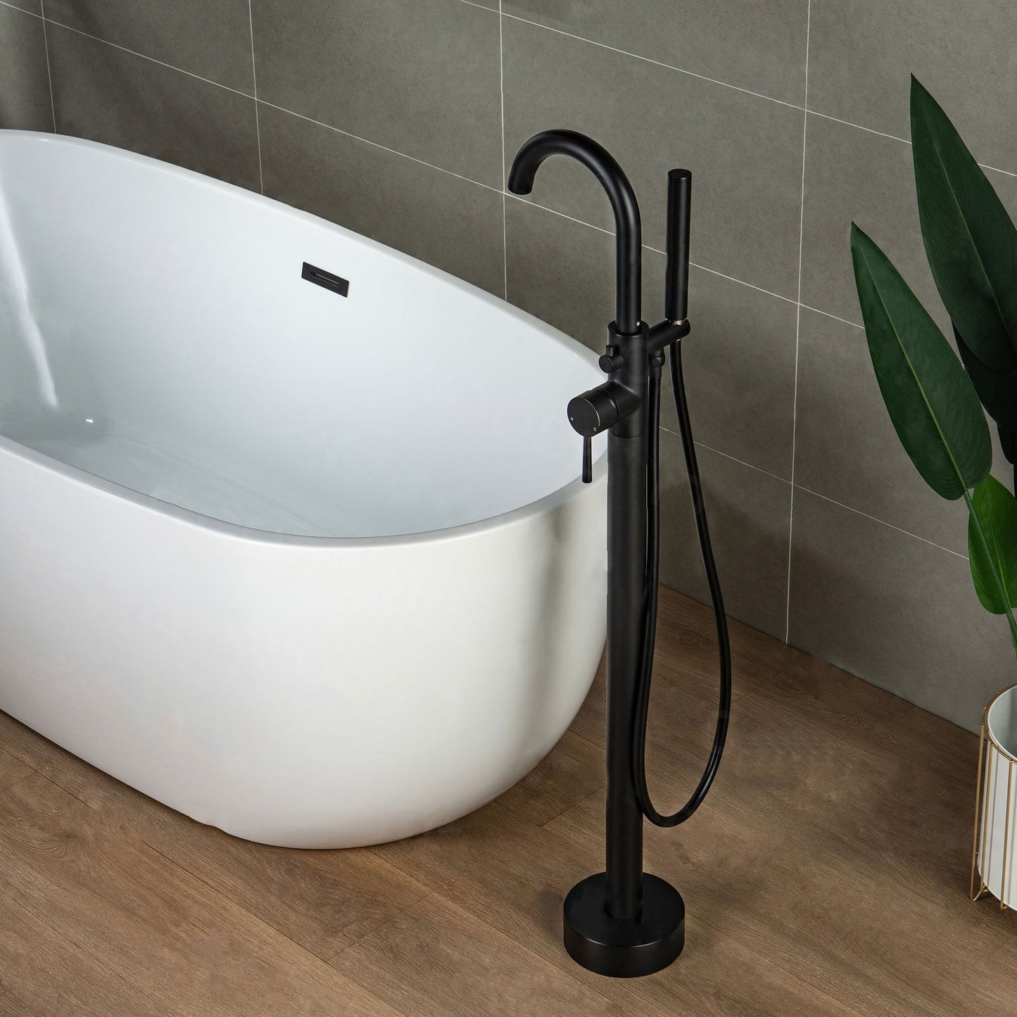 WOODBRIDGE F0001BNDR Contemporary Single Handle Floor Mount Freestanding Tub Filler Faucet with Hand shower
