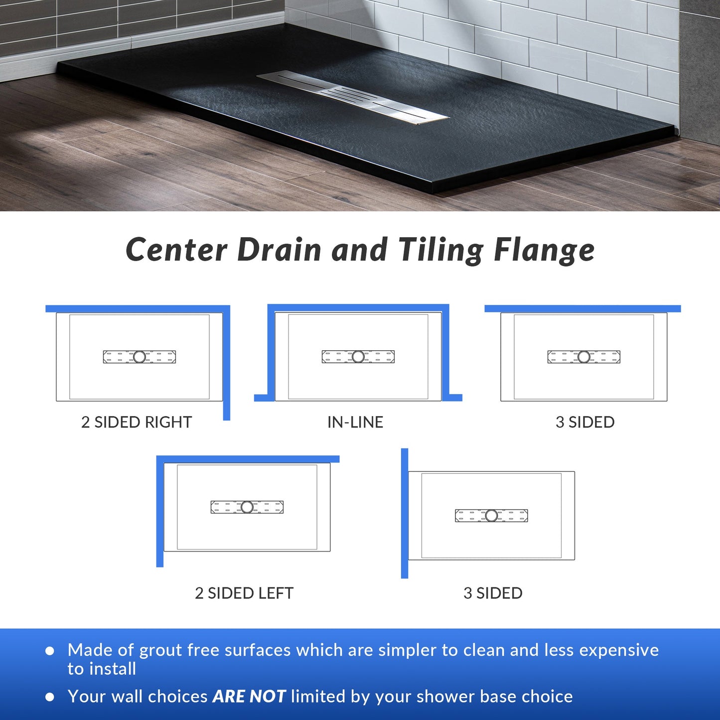 WOODBRIDGE 59 in L x 35.4 in W Zero Threshold End Drain Shower Base with Center Drain Placement, Matching Decorative Drain Plate and Tile Flange, Wheel Chair Access, Low Profile