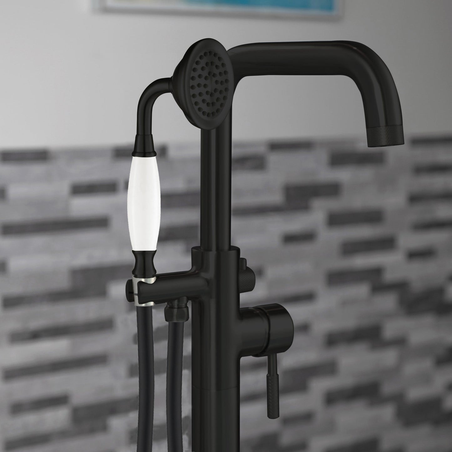 WOODBRIDGE F0070BNVT Fusion Single Handle Floor Mount Freestanding Tub Filler Faucet with Classic Telephone Style Hand Shower