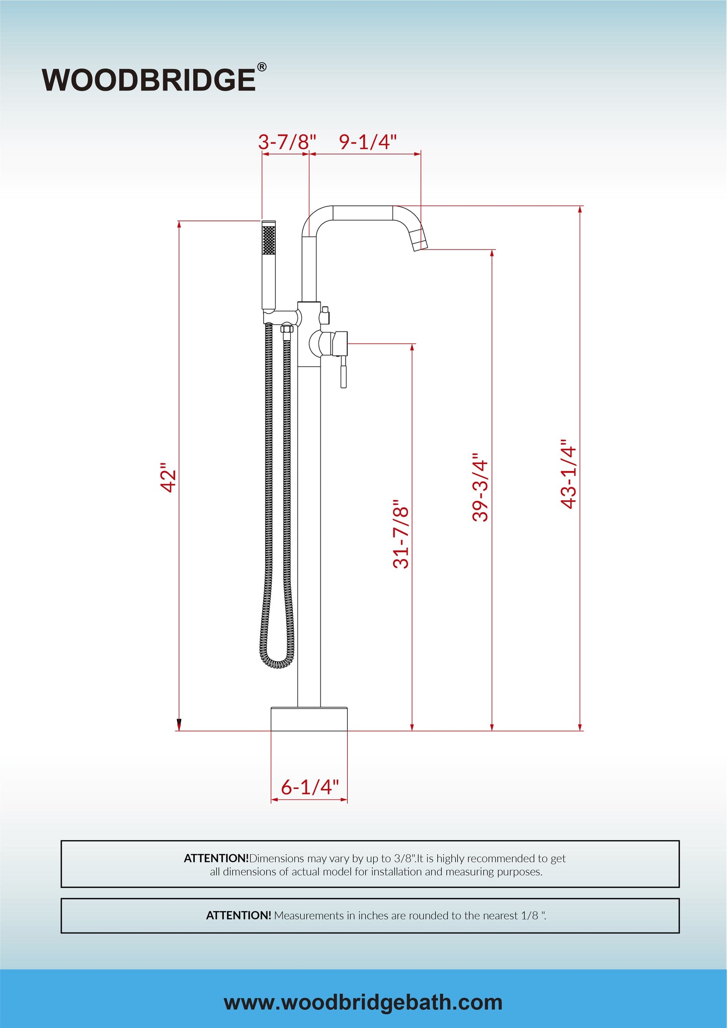 WOODBRIDGE F0070BNDR Contemporary Single Handle Floor Mount Freestanding Tub Filler Faucet with 2 Function Cylinder Style Hand Shower