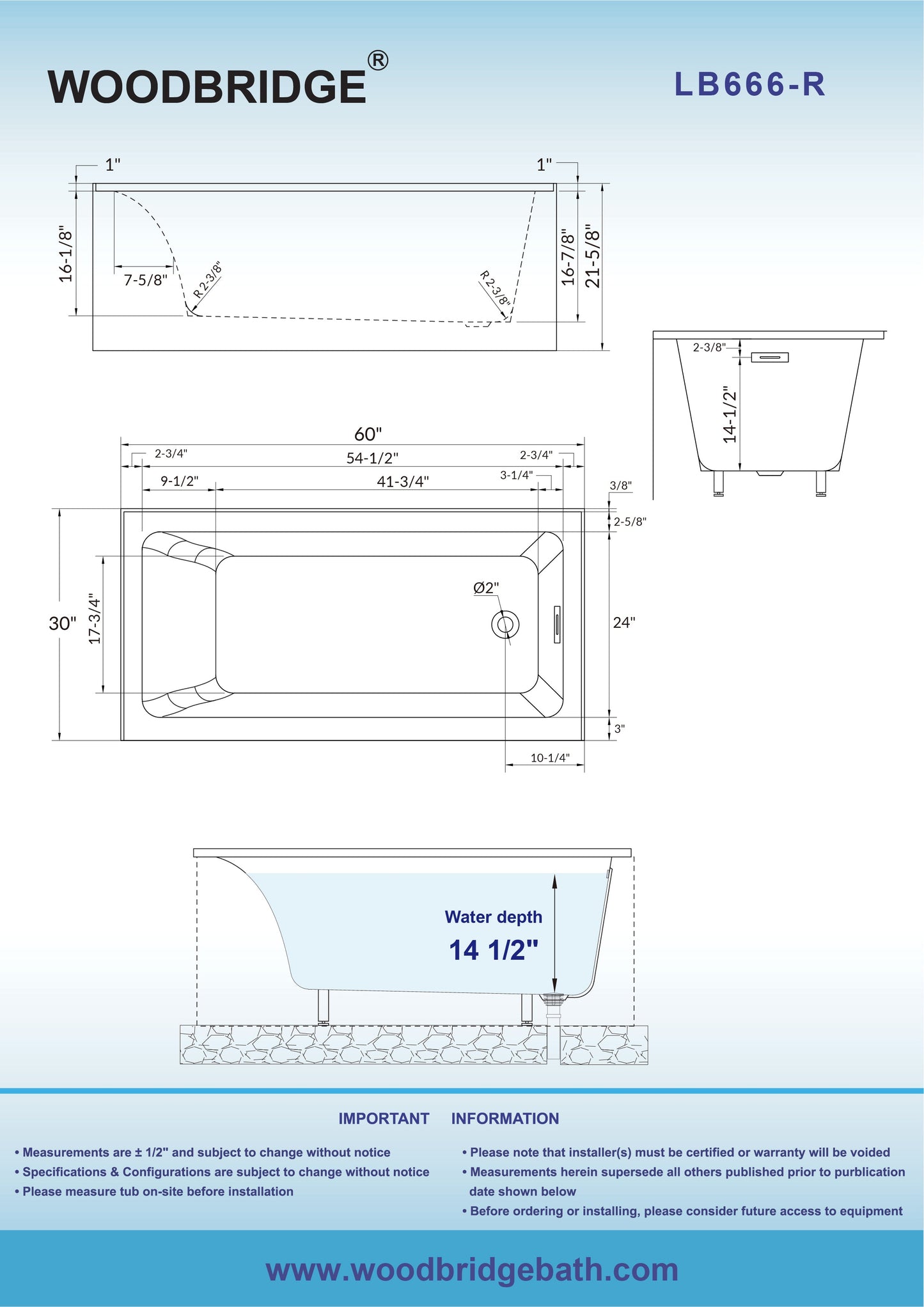 WOODBRIDGE 60" Acrylic Rectangular Alcove Soaking Bathtub in White with Right Drain