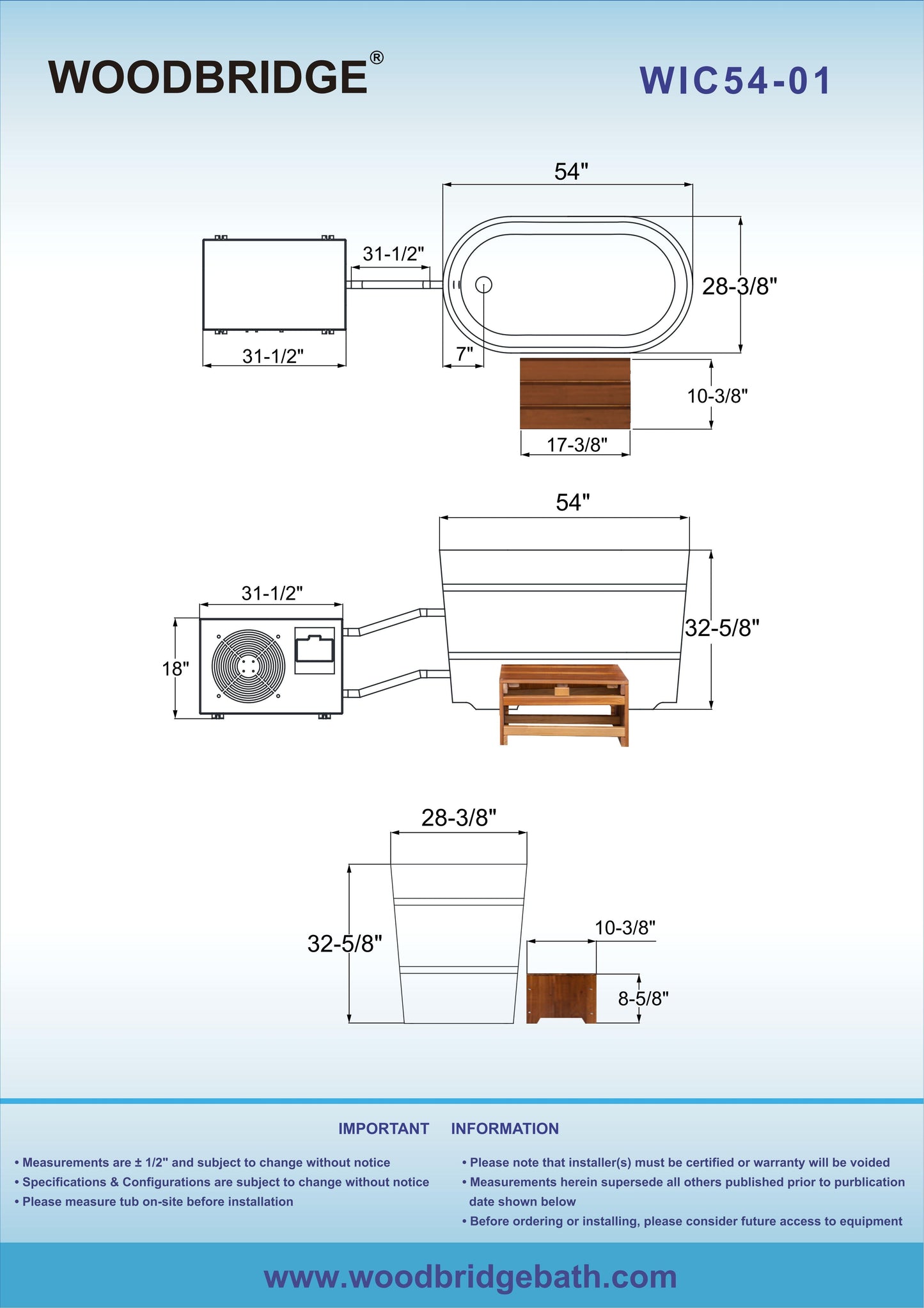 WOODBRIDGE 54" Luxury Indoor Cold Plunge Ice Tub with Chiller and Heater, Ozone sanitation, Filter circulation system, Insulated Tub Lid, Wood Stool, Wood seat, and Chrome Pop-Up Drain