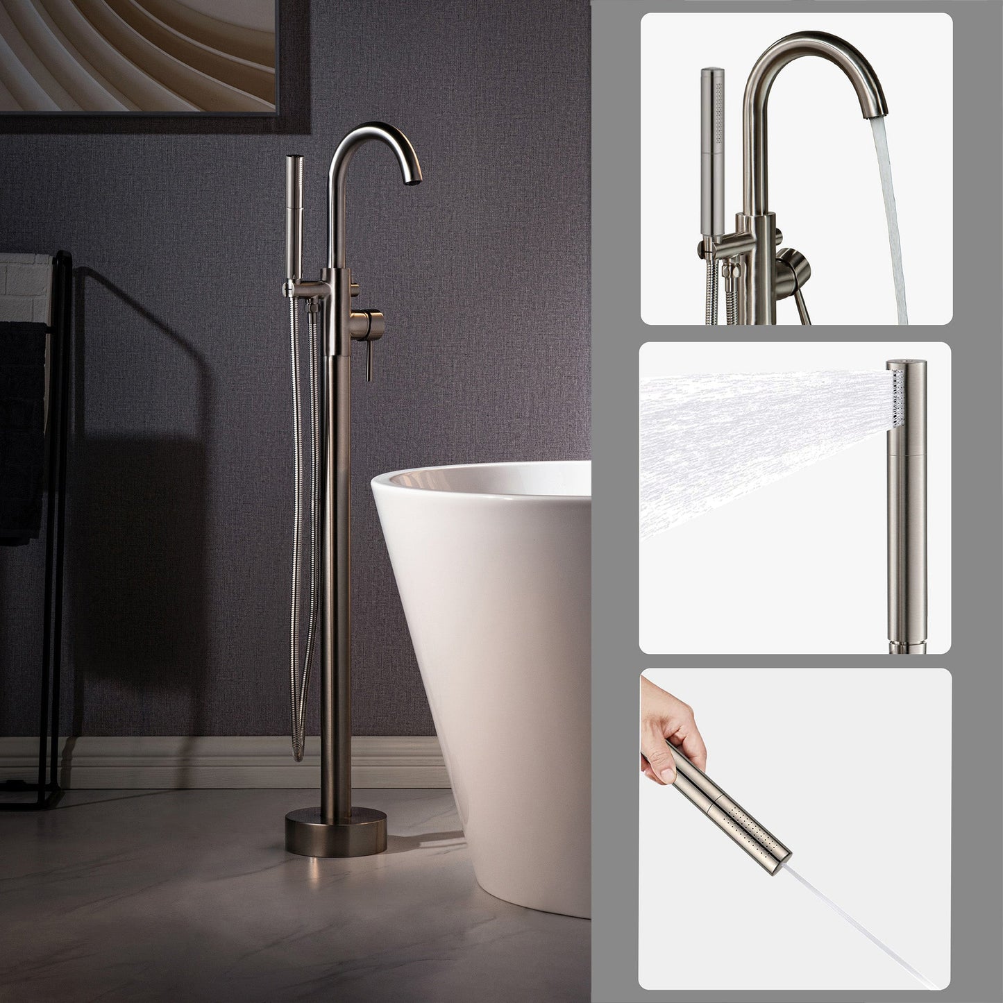 WOODBRIDGE F0023BNDR Contemporary Single Handle Floor Mount Freestanding Tub Filler Faucet with 2 Function Cylinder Style Hand Shower