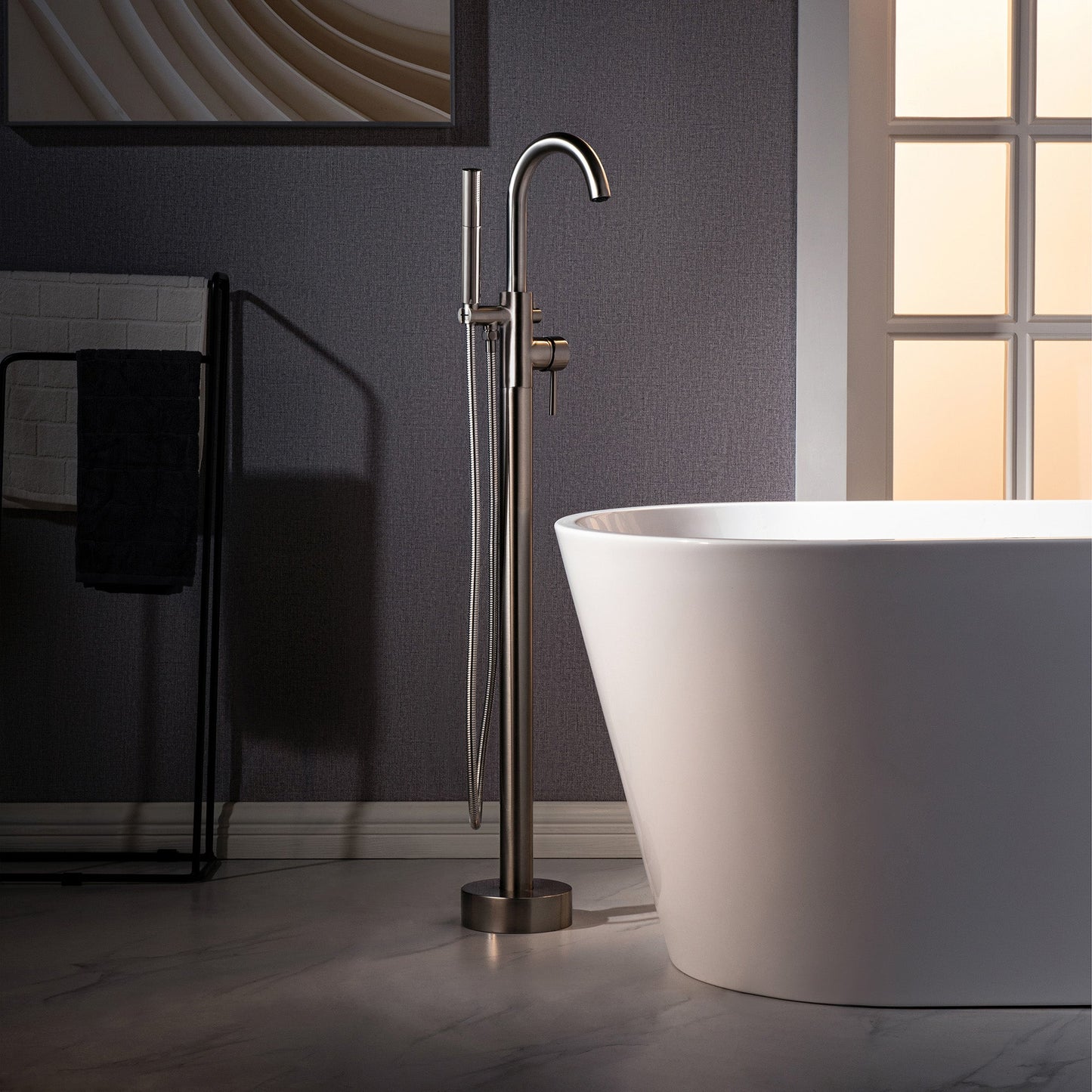 WOODBRIDGE F0023BNDR Contemporary Single Handle Floor Mount Freestanding Tub Filler Faucet with 2 Function Cylinder Style Hand Shower