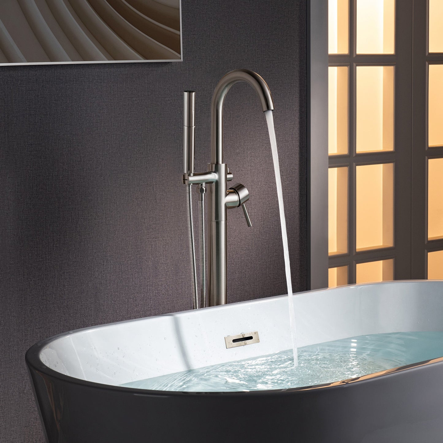 WOODBRIDGE F0023BNDR Contemporary Single Handle Floor Mount Freestanding Tub Filler Faucet with 2 Function Cylinder Style Hand Shower
