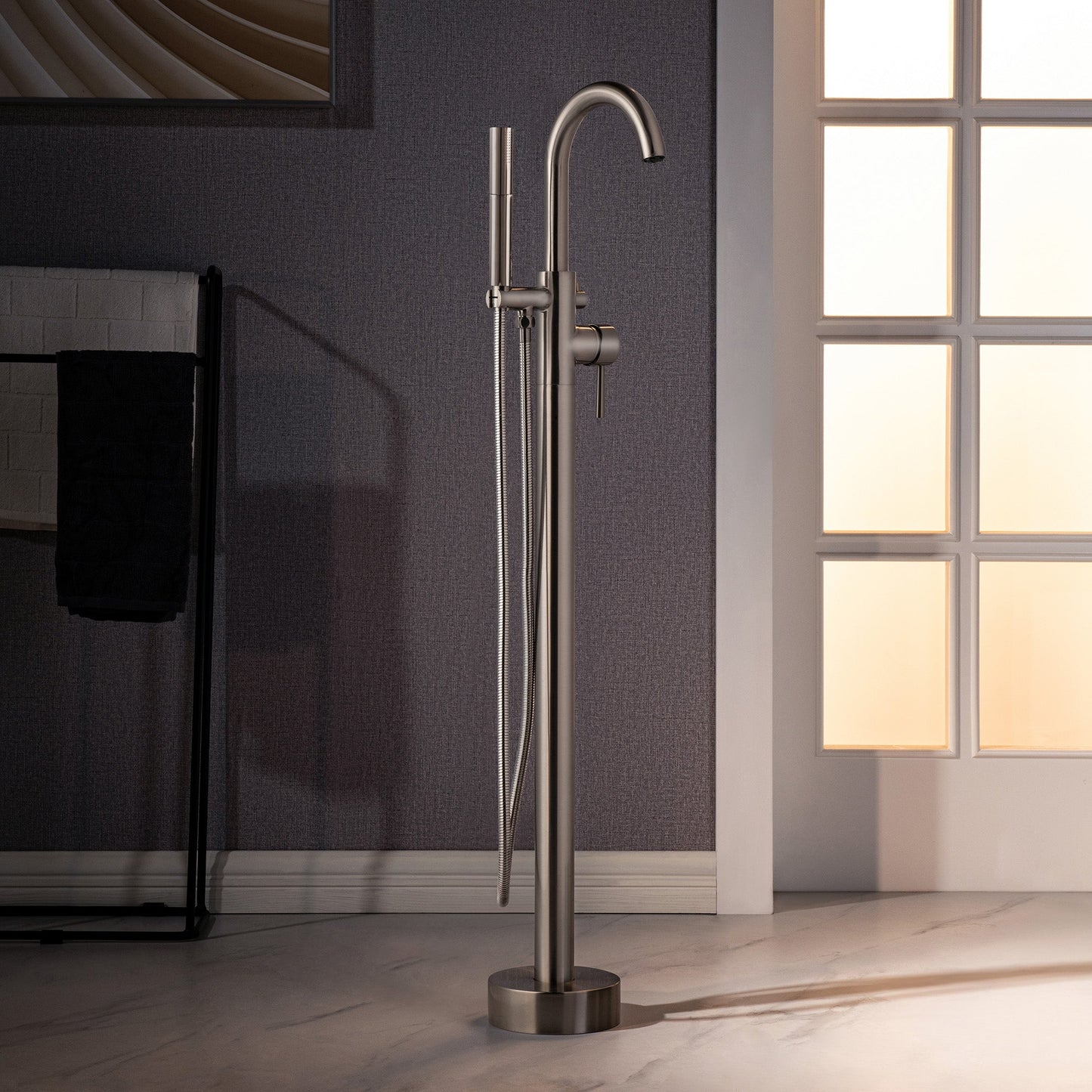 WOODBRIDGE F0023BNDR Contemporary Single Handle Floor Mount Freestanding Tub Filler Faucet with 2 Function Cylinder Style Hand Shower