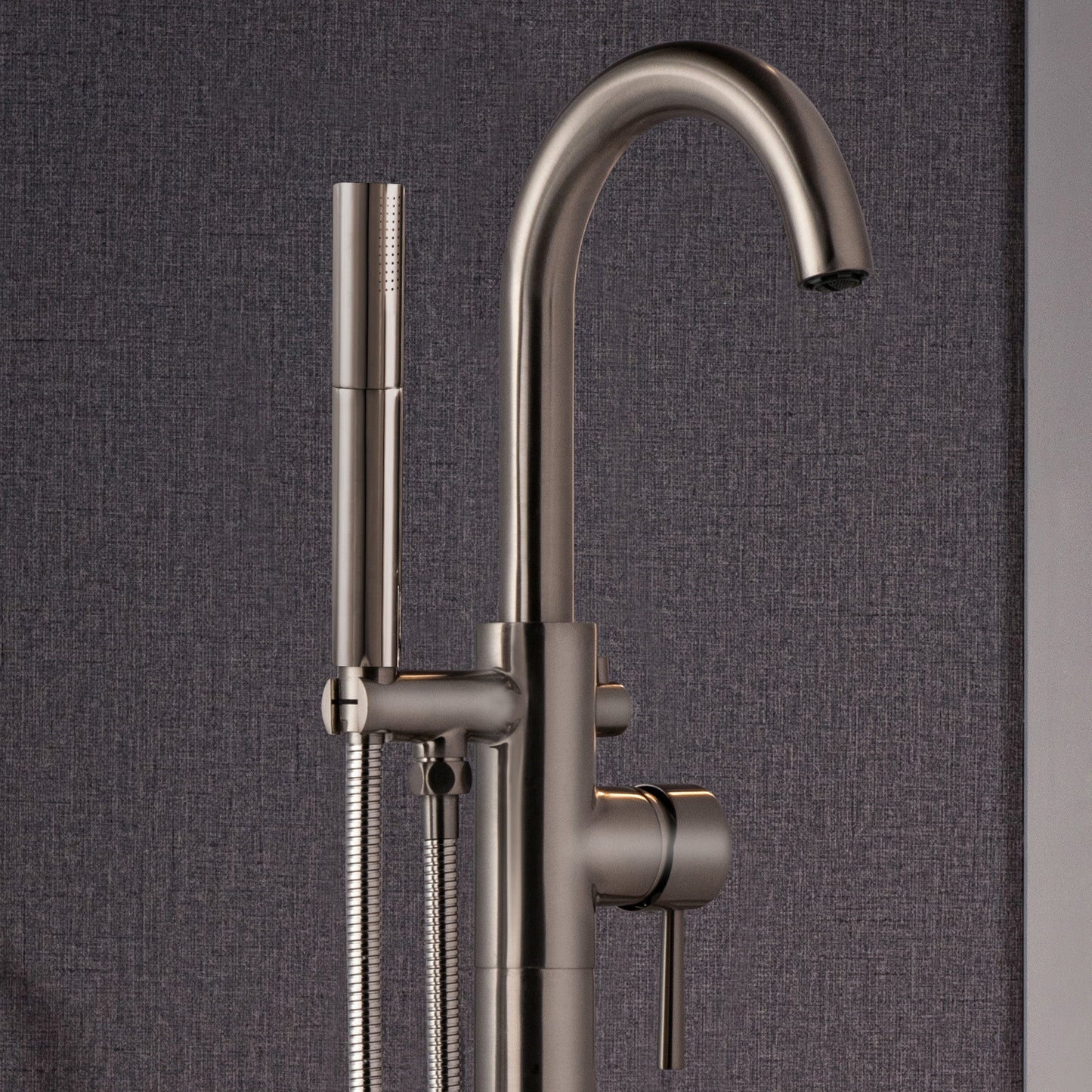 WOODBRIDGE F0023BNDR Contemporary Single Handle Floor Mount Freestanding Tub Filler Faucet with 2 Function Cylinder Style Hand Shower