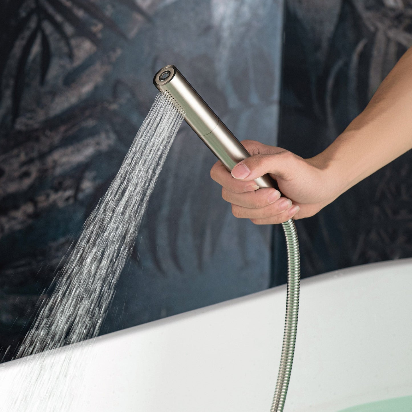 WOODBRIDGE F0023BNDR Contemporary Single Handle Floor Mount Freestanding Tub Filler Faucet with 2 Function Cylinder Style Hand Shower