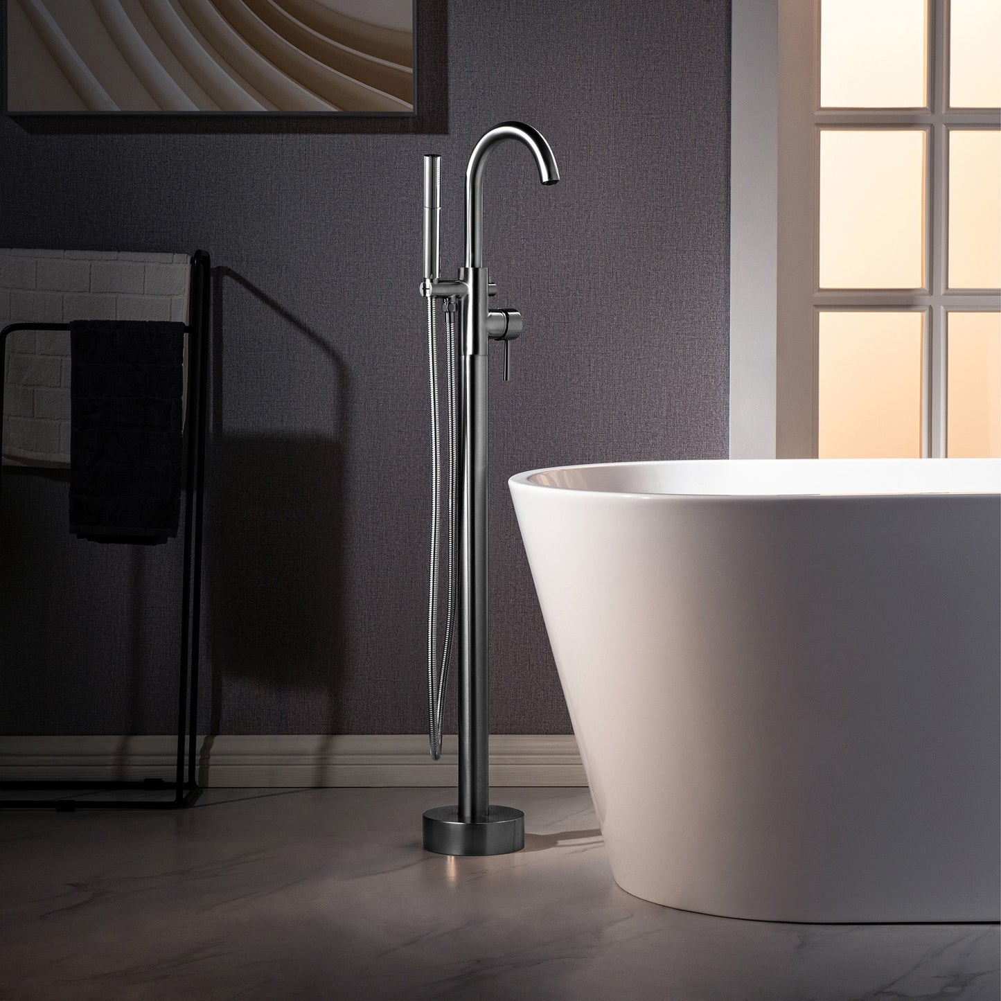 WOODBRIDGE F0023BNDR Contemporary Single Handle Floor Mount Freestanding Tub Filler Faucet with 2 Function Cylinder Style Hand Shower