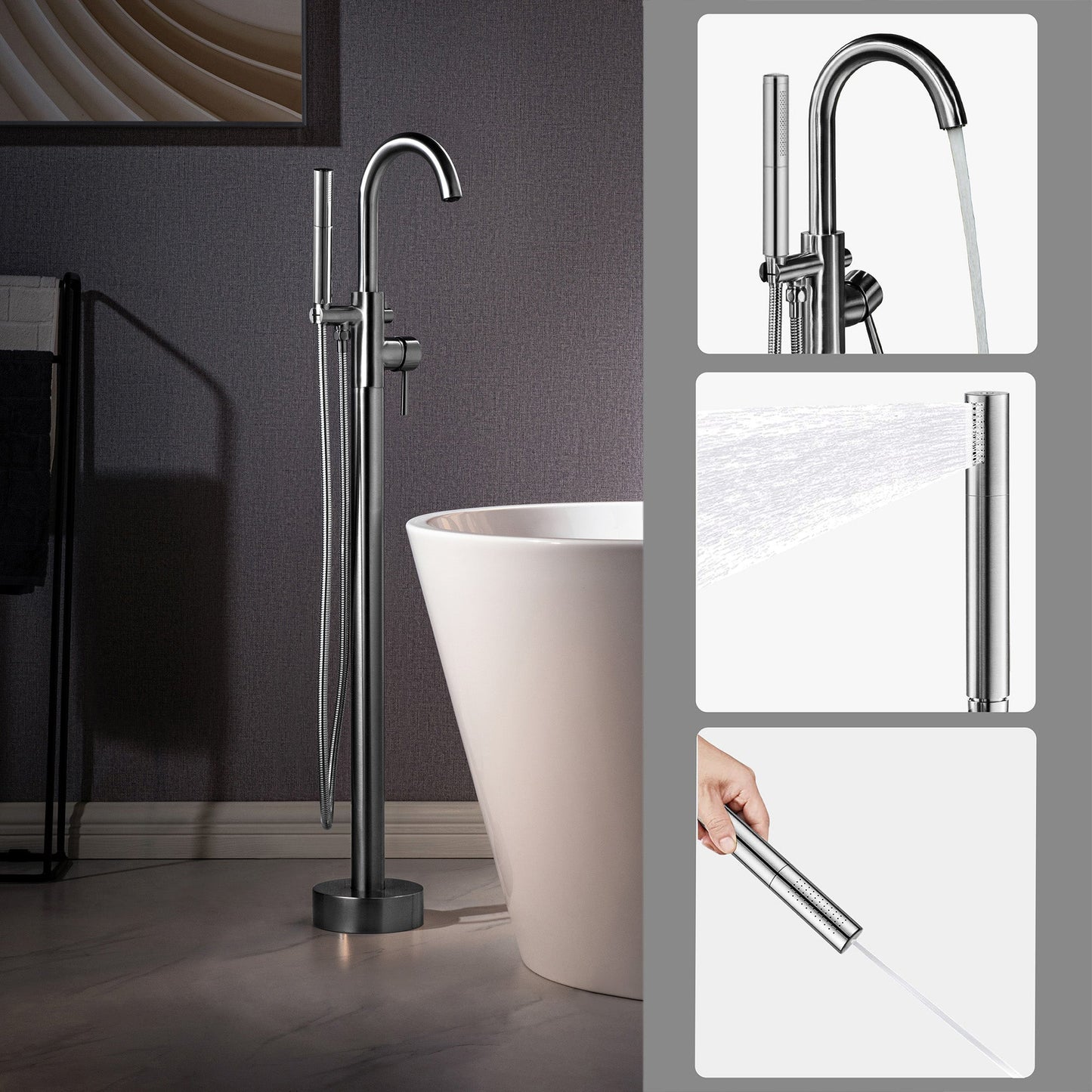 WOODBRIDGE F0023BNDR Contemporary Single Handle Floor Mount Freestanding Tub Filler Faucet with 2 Function Cylinder Style Hand Shower