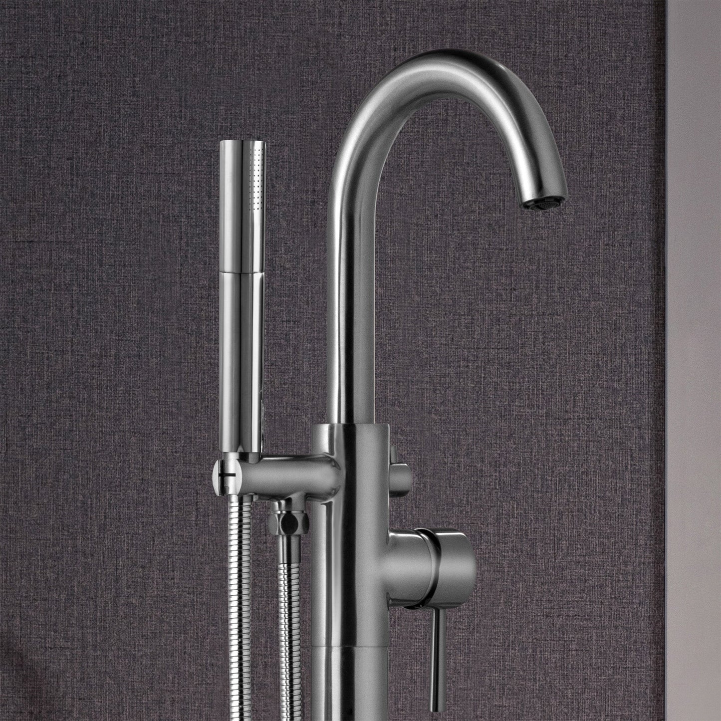 WOODBRIDGE F0023BNDR Contemporary Single Handle Floor Mount Freestanding Tub Filler Faucet with 2 Function Cylinder Style Hand Shower