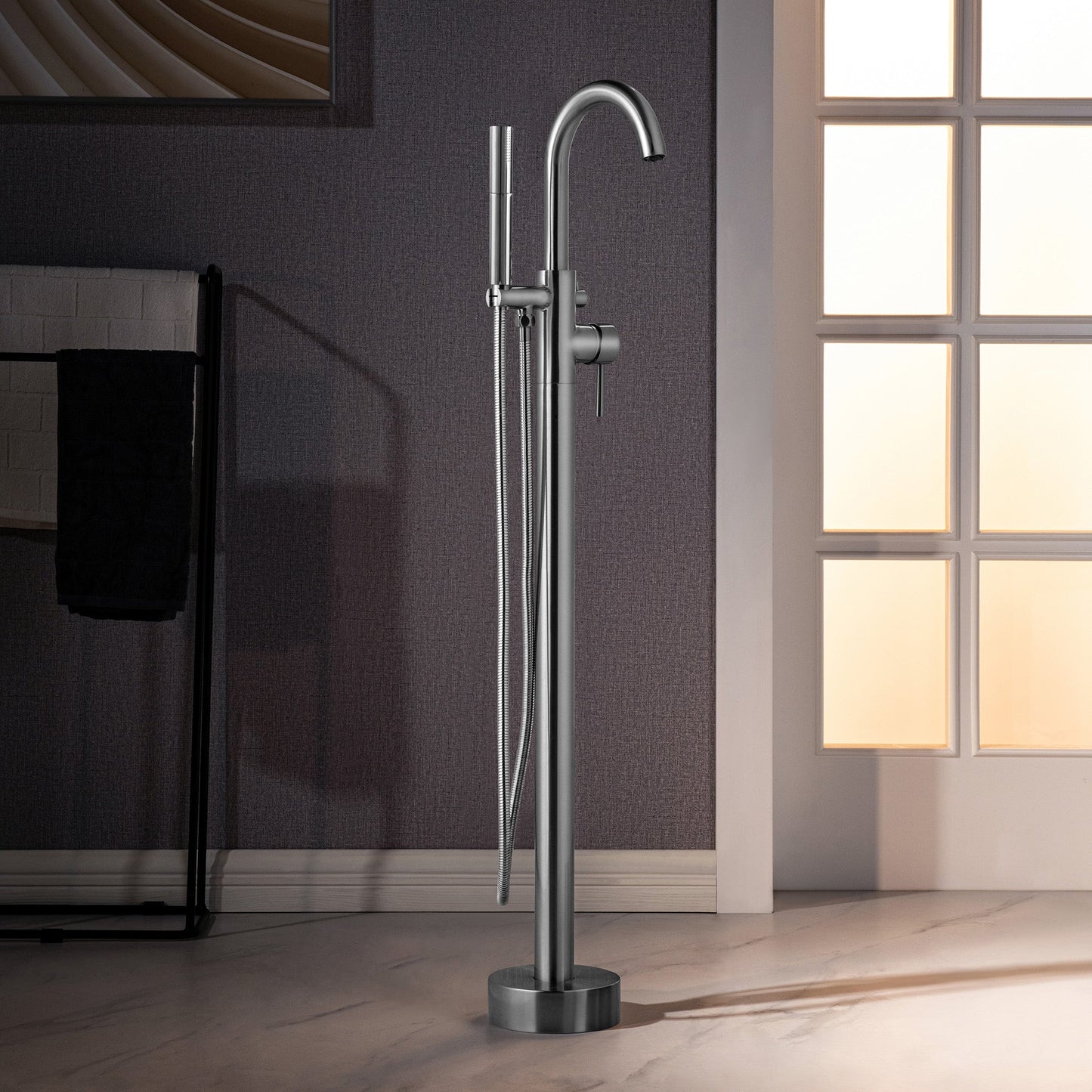 WOODBRIDGE F0023BNDR Contemporary Single Handle Floor Mount Freestanding Tub Filler Faucet with 2 Function Cylinder Style Hand Shower