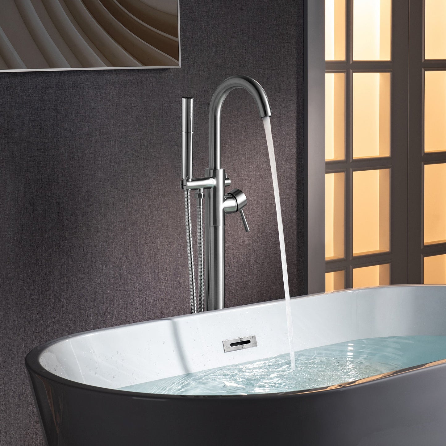 WOODBRIDGE F0023BNDR Contemporary Single Handle Floor Mount Freestanding Tub Filler Faucet with 2 Function Cylinder Style Hand Shower