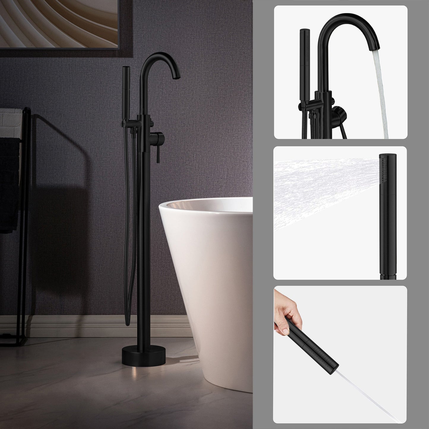 WOODBRIDGE F0023BNDR Contemporary Single Handle Floor Mount Freestanding Tub Filler Faucet with 2 Function Cylinder Style Hand Shower