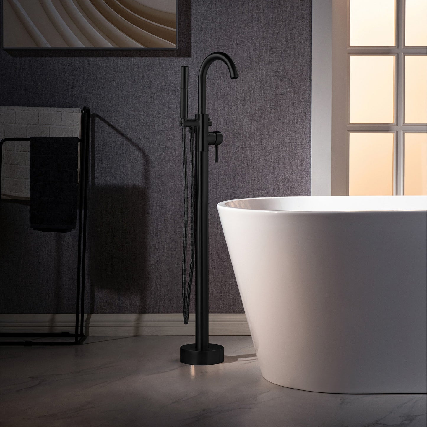 WOODBRIDGE F0023BNDR Contemporary Single Handle Floor Mount Freestanding Tub Filler Faucet with 2 Function Cylinder Style Hand Shower