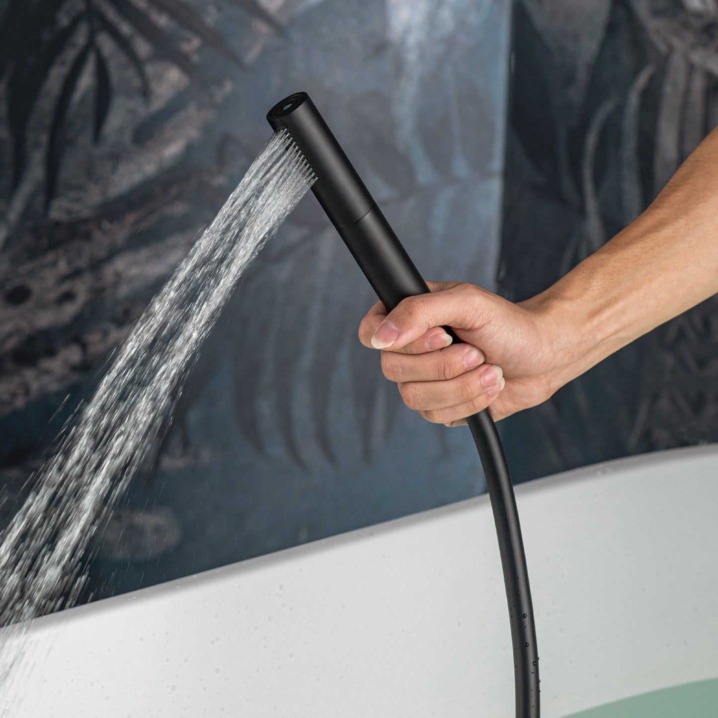 WOODBRIDGE F0023BNDR Contemporary Single Handle Floor Mount Freestanding Tub Filler Faucet with 2 Function Cylinder Style Hand Shower