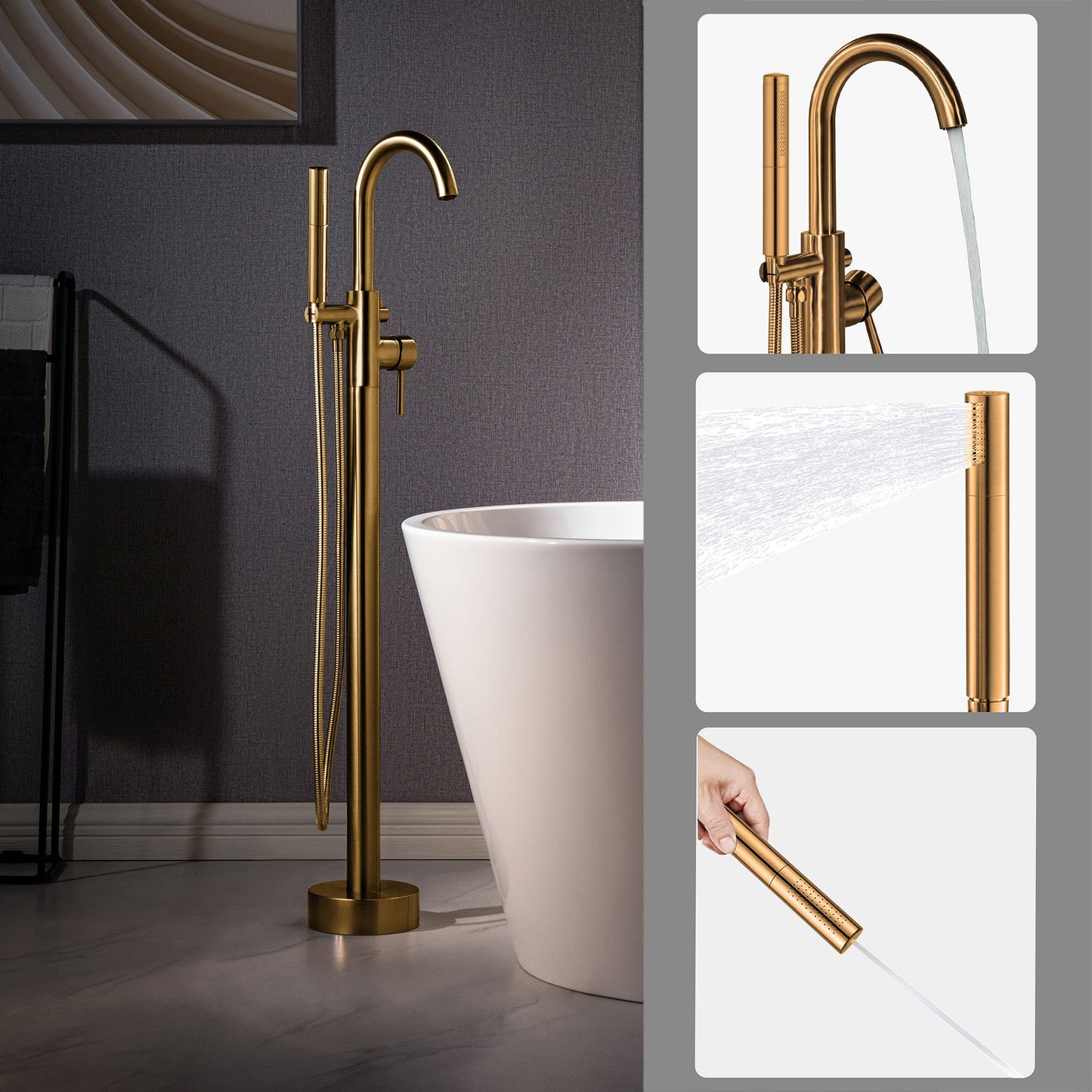 WOODBRIDGE F0023BNDR Contemporary Single Handle Floor Mount Freestanding Tub Filler Faucet with 2 Function Cylinder Style Hand Shower