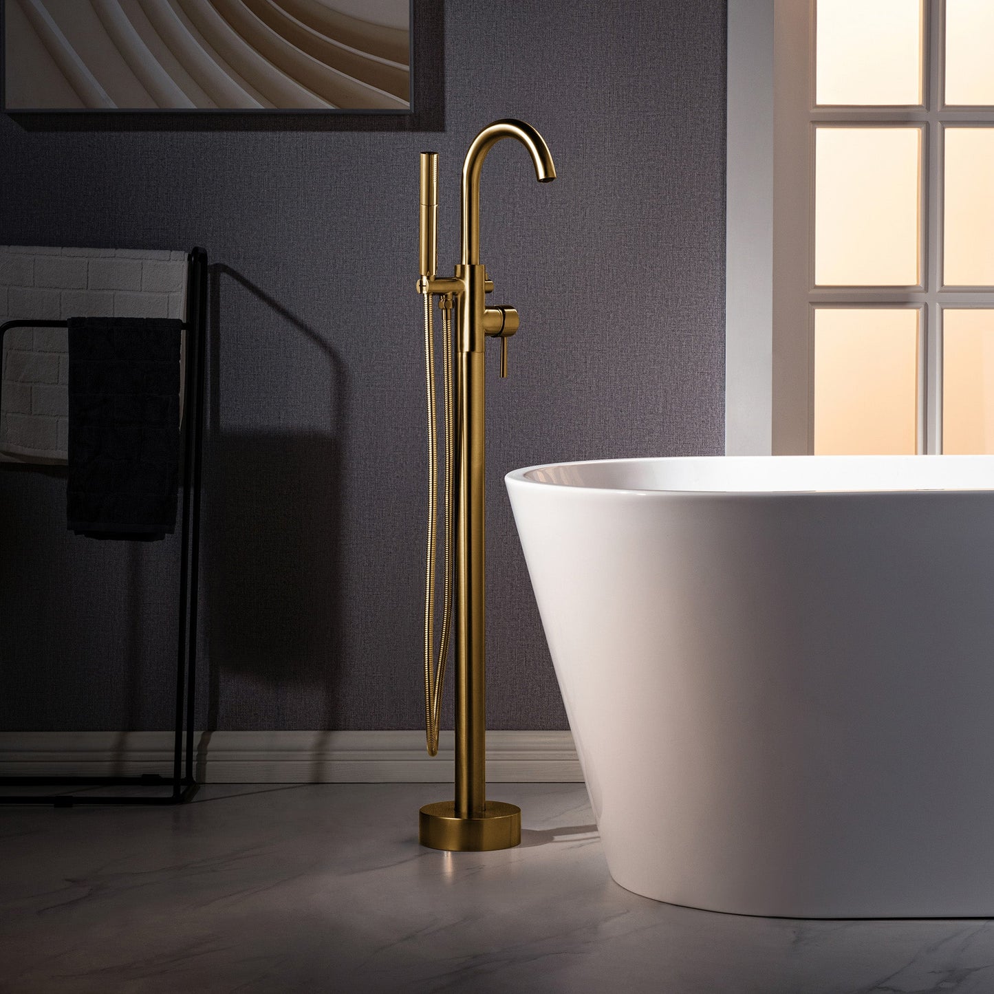 WOODBRIDGE F0023BNDR Contemporary Single Handle Floor Mount Freestanding Tub Filler Faucet with 2 Function Cylinder Style Hand Shower
